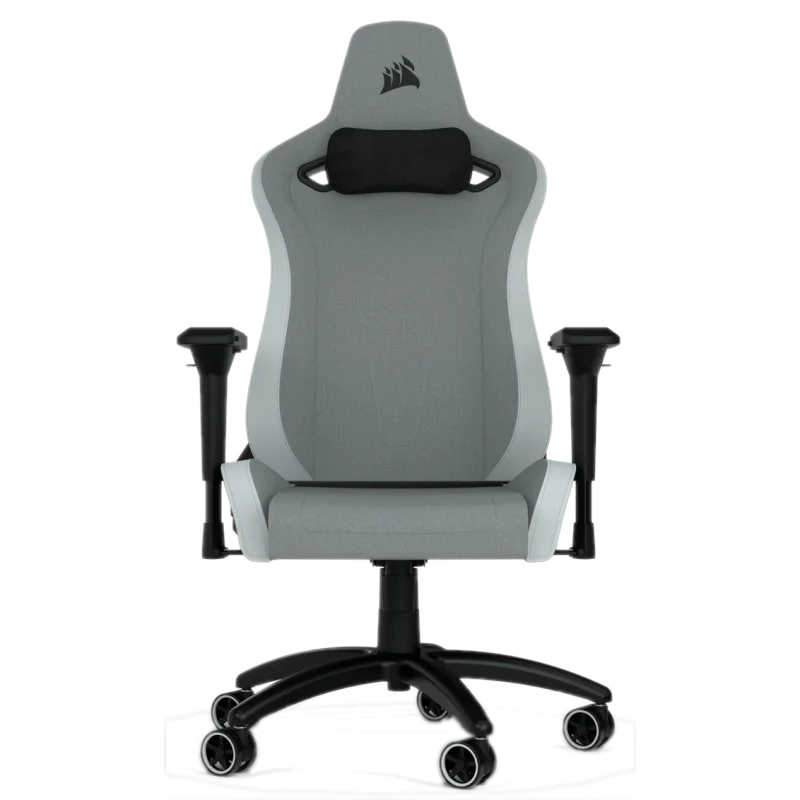 Silla gaming Corsair gris con reposacabezas y reposabrazos negros.