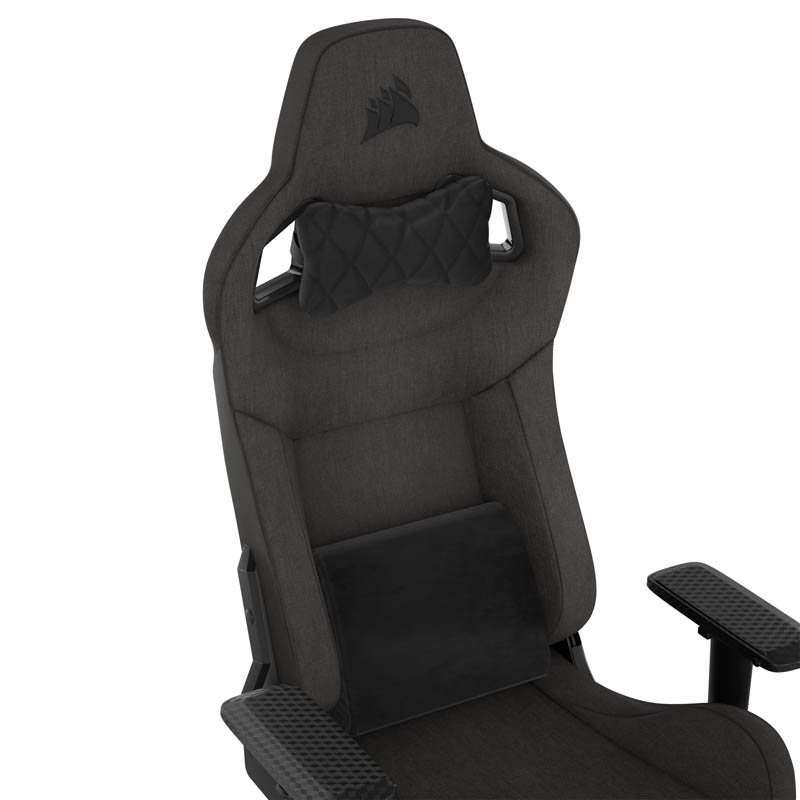 Silla gamer, gris oscuro con reposacabezas negro y soporte lumbar.