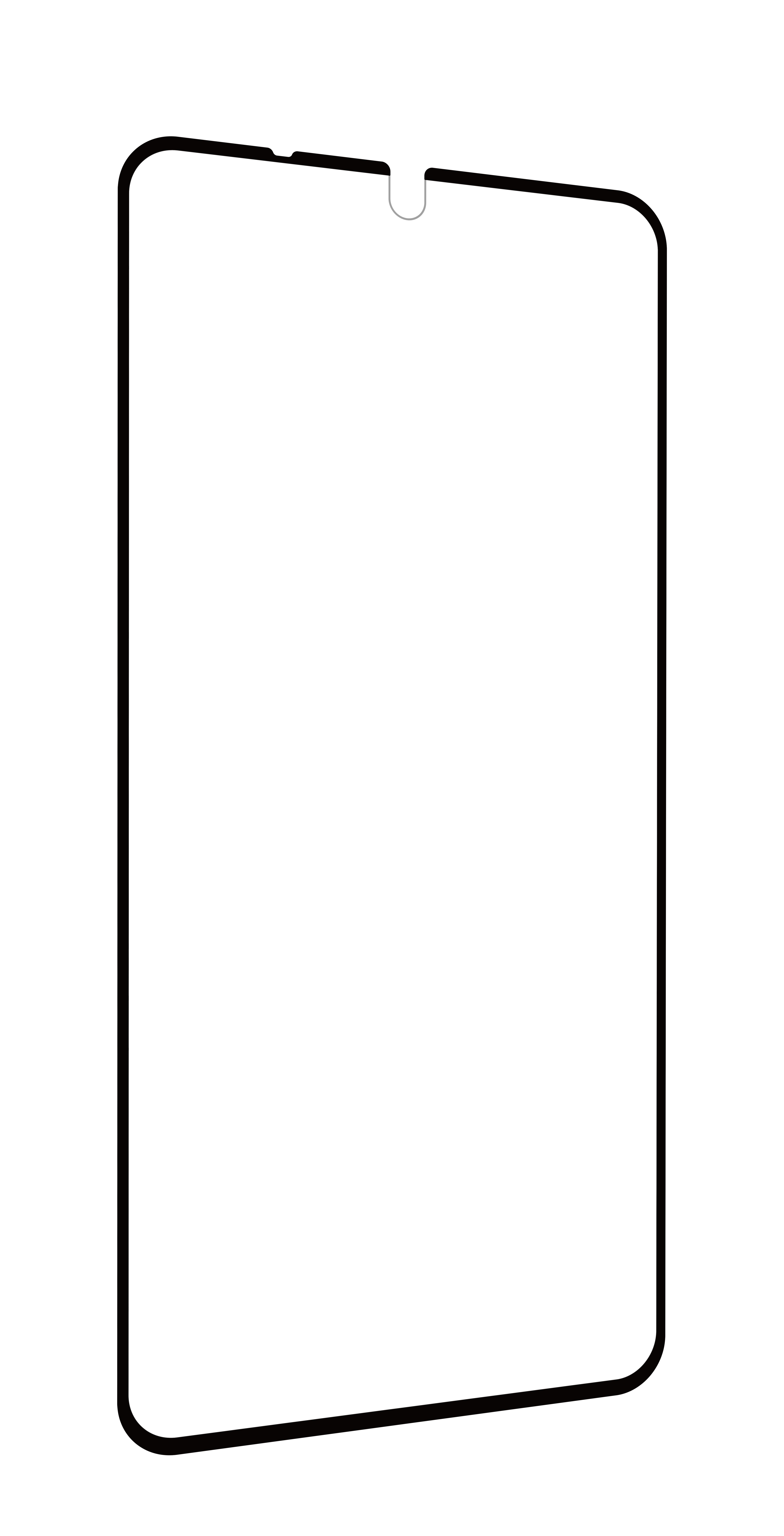 Transparenter Displayschutz für ein Telefon. Rechteckig, schwarze Ränder, Kerbe oben.
