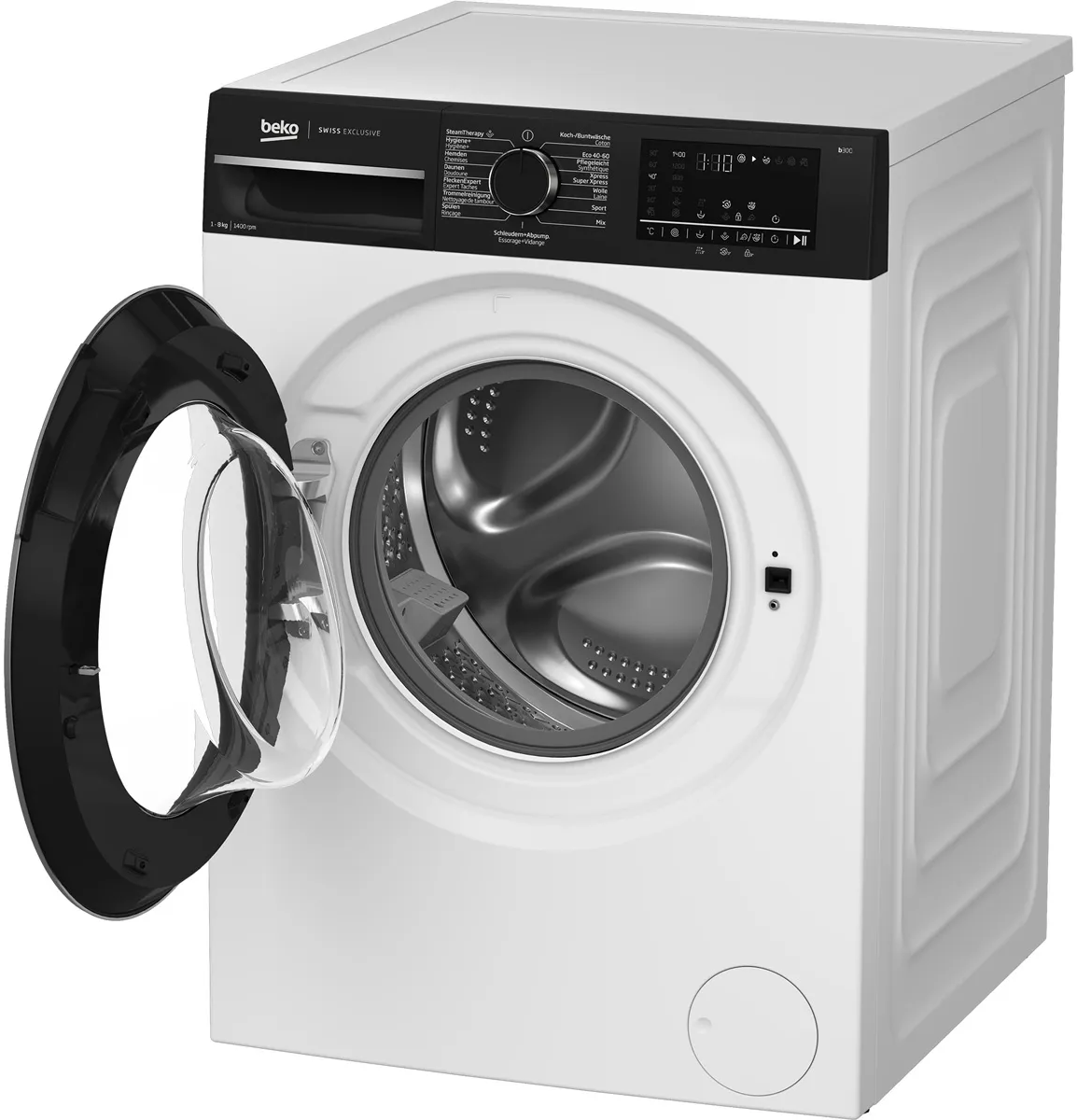 Weiße Waschmaschine, Tür angelehnt, mit Bedienfeld oben links.