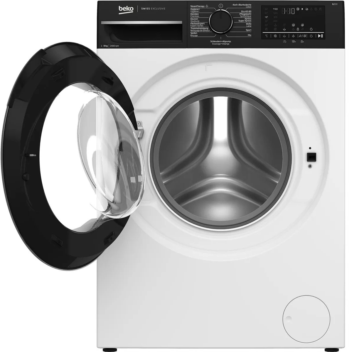 Weiße Waschmaschine mit offener schwarzer Tür. Weißer Hintergrund.