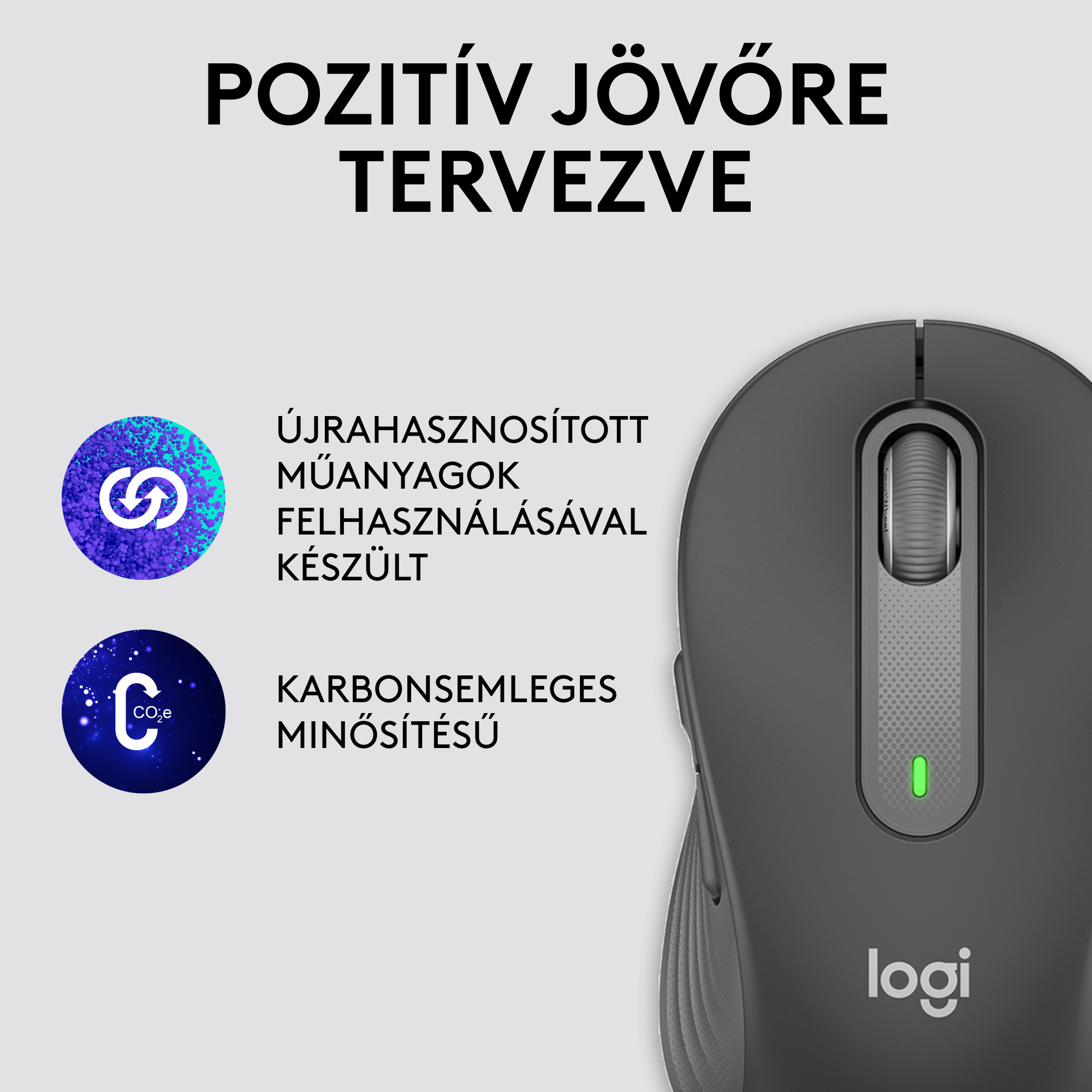 Egér újrahasznosítási és karbonsemleges ikonokkal és magyar felirattal.