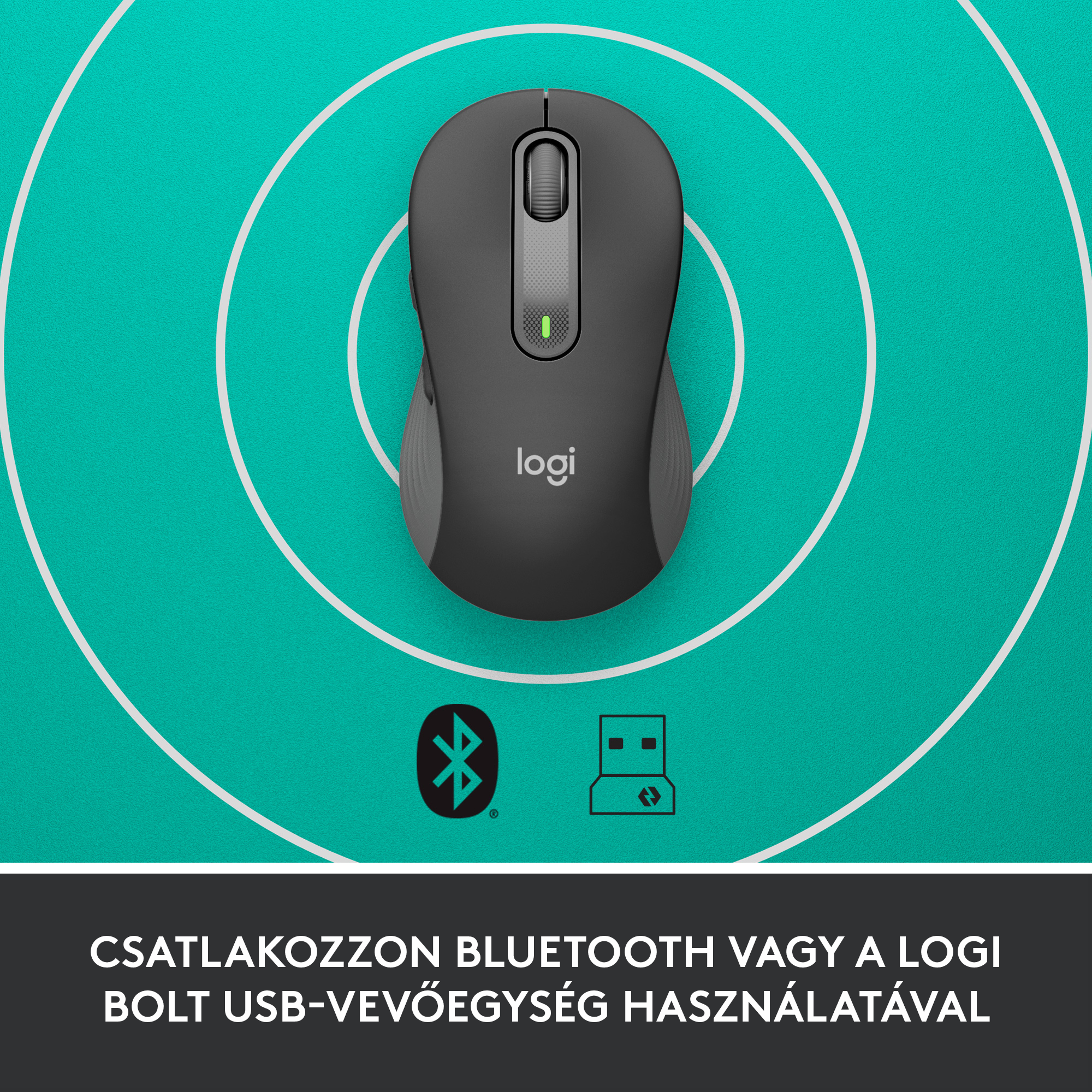 Fekete számítógépes egér felülnézete, Bluetooth és USB ikonokkal.