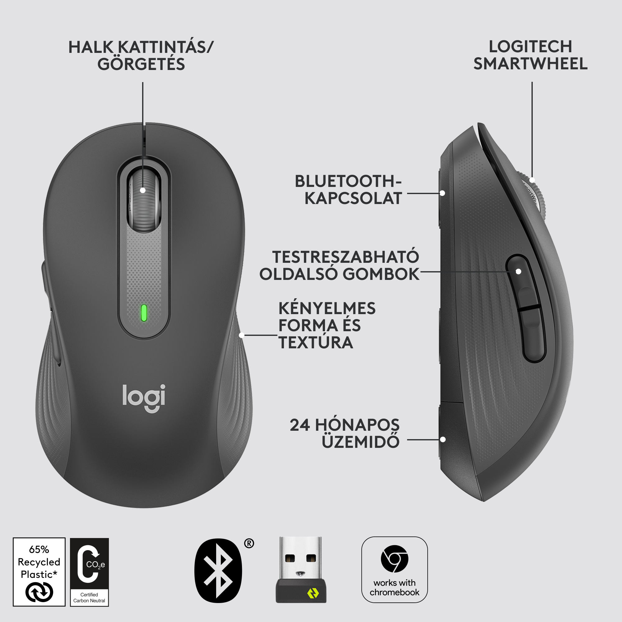 Fekete-szürke Logitech vezeték nélküli egér. Jellemzői a görgetőkerék, az oldalsó gombok és a Bluetooth logó.
