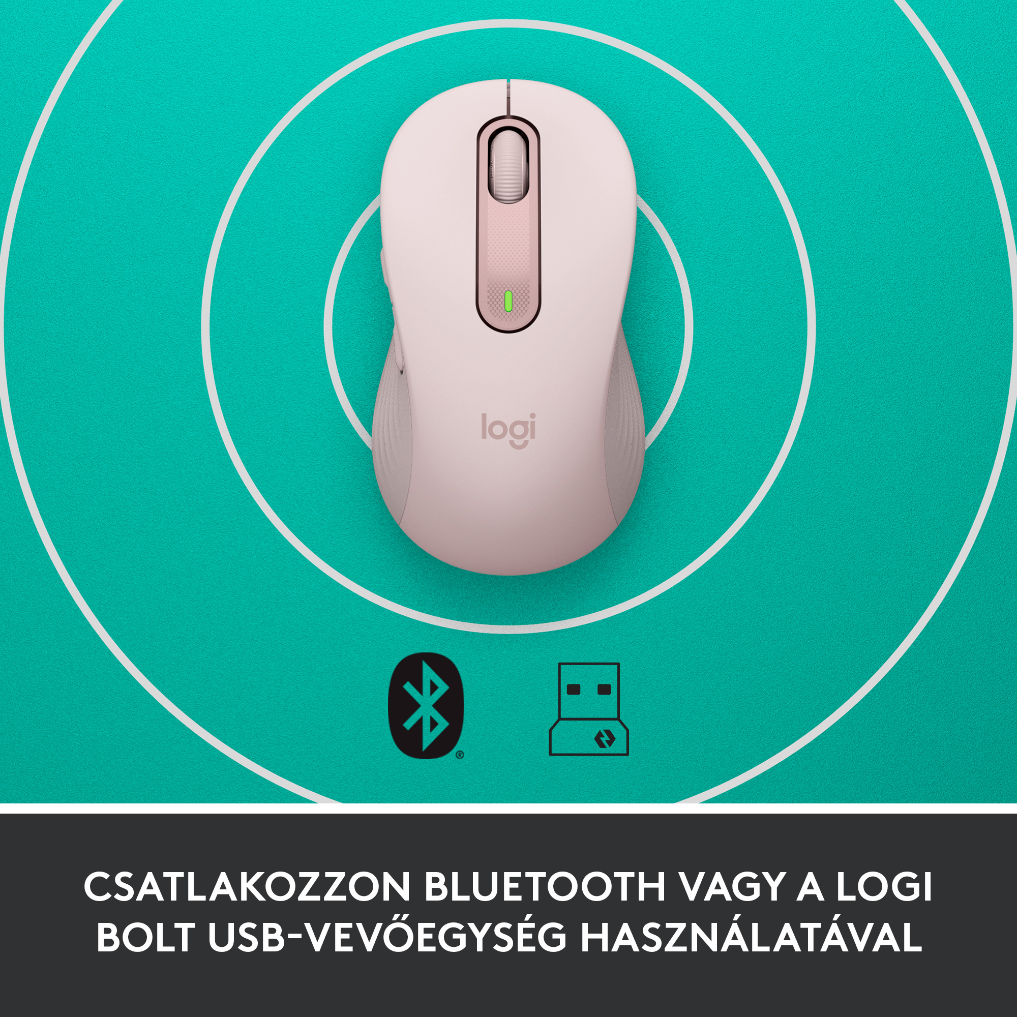 Rózsaszín vezeték nélküli egér türkiz felületen, koncentrikus körökkel. Bluetooth és USB ikonok alul.