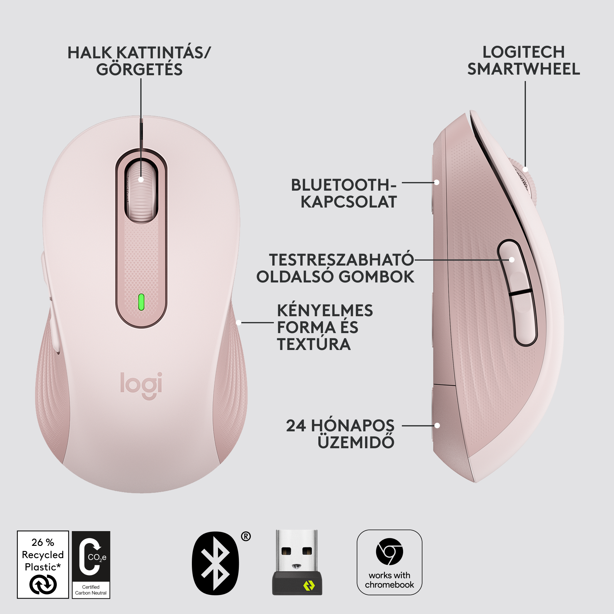 Rózsaszín Logitech egér, Bluetooth-hoz és testreszabható gombokhoz hasonló funkciókkal.