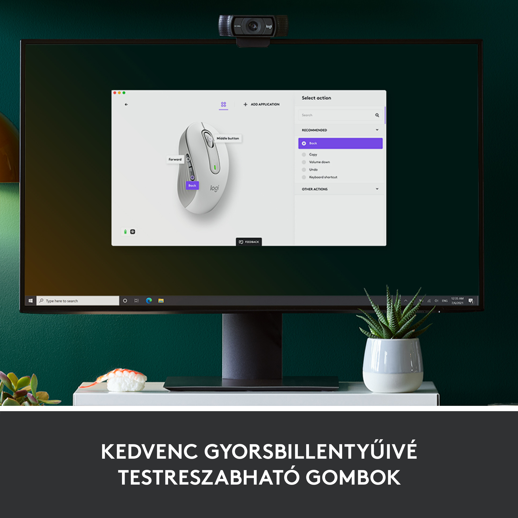 Számítógép monitor Logitech szoftver felületet jelenít meg egérrel.