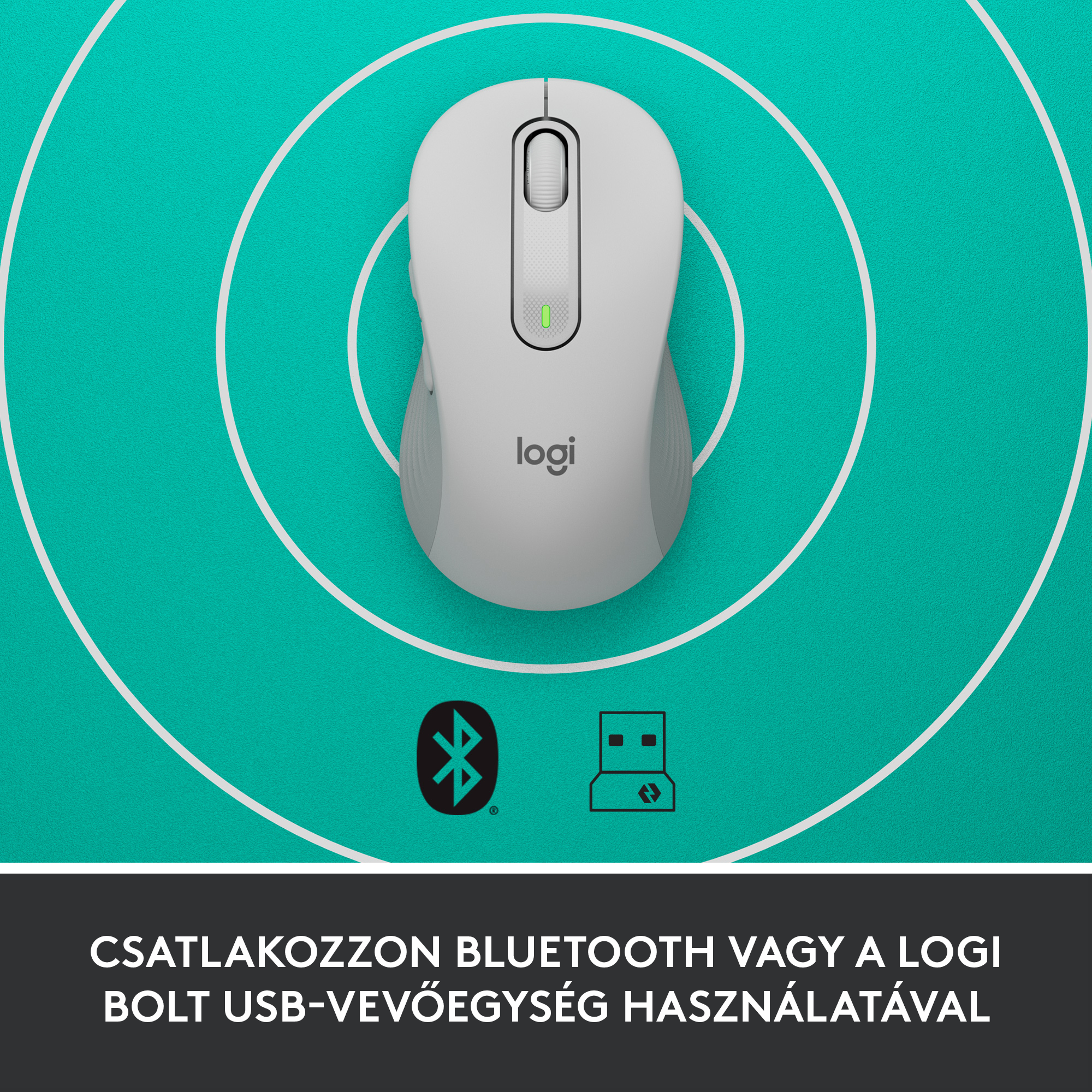 Logitech egér. Szöveg: CSATLAKOZZON BLUETOOTHON VAGY A LOGI BOLT USB-VEVŐEGYSÉGÉVEL.