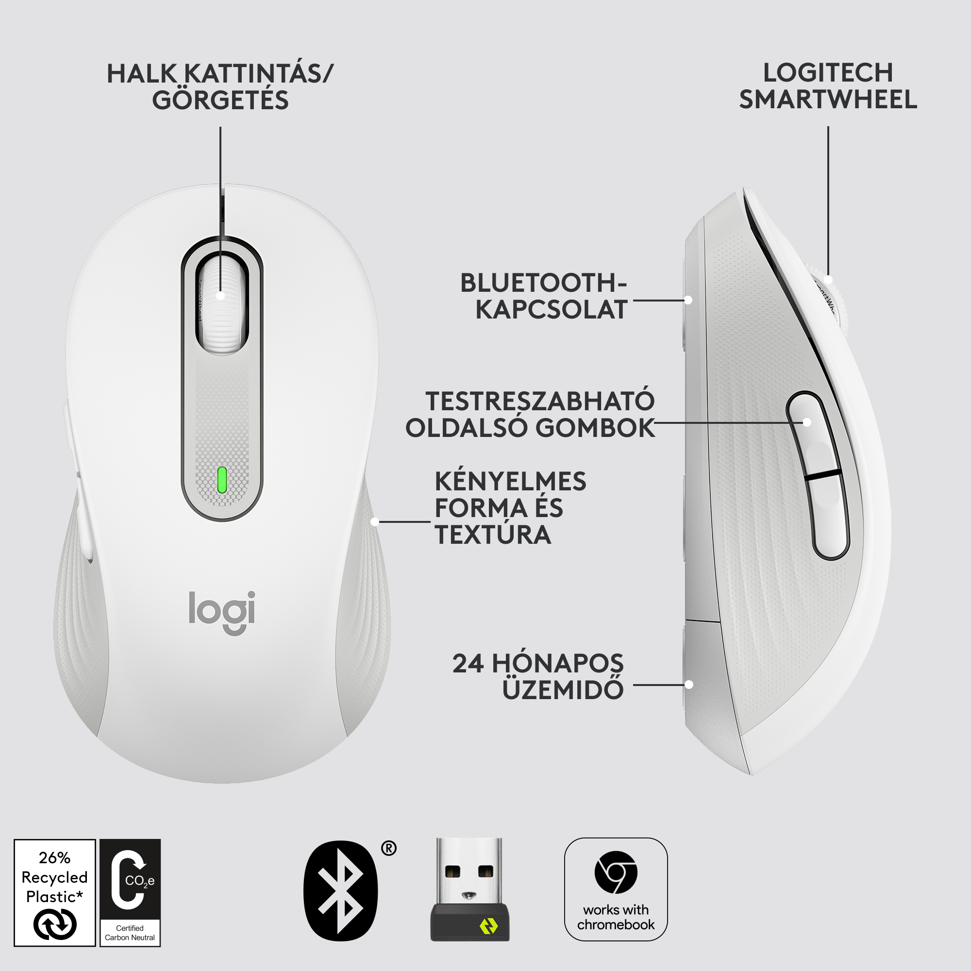 Fehér egér. Megmutatja az egér dizájnját és funkcióit. Olyan feliratok, mint a 'Logi', 'Bluetooth' és 'Recycled Plastic' láthatók.