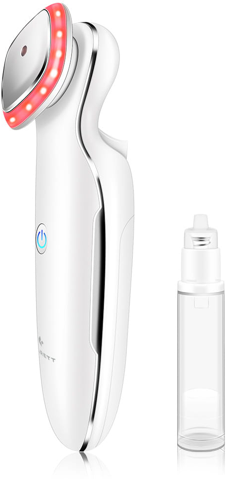Fehér arceszköz piros fénnyel, egy kis átlátszó üveg mellett.