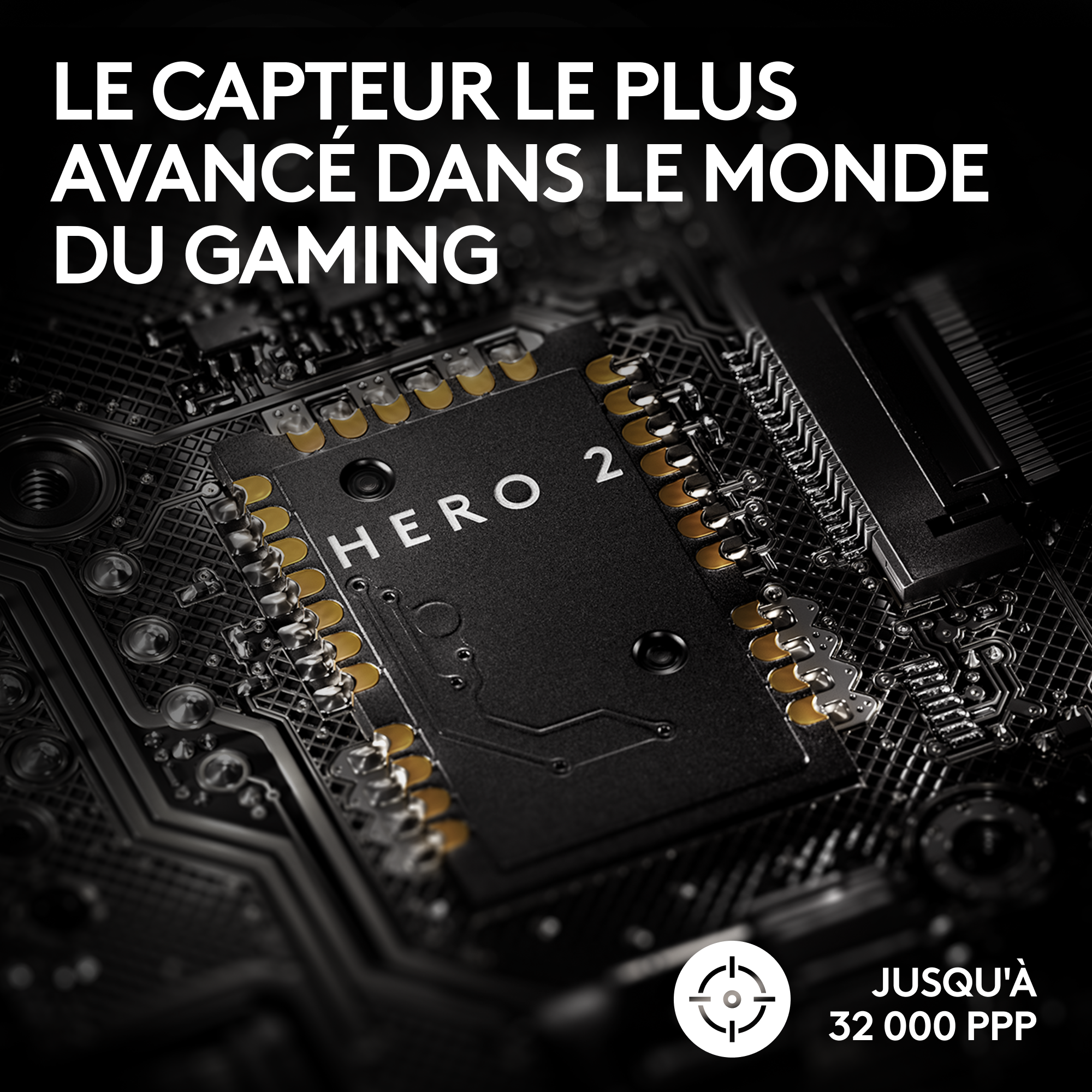 Gros plan sur une puce noire, avec le texte 'HERO 2' et d'autres détails.