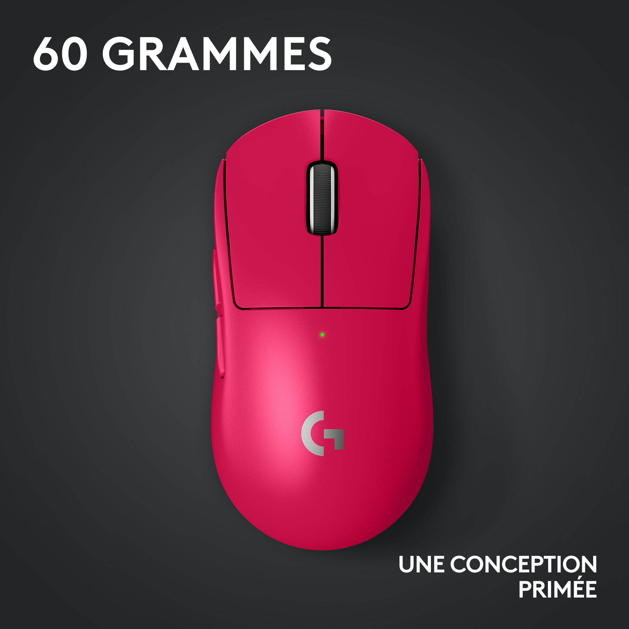 Souris d'ordinateur rose. Molette et boutons noirs. Logo G en bas. Surface gris foncé.