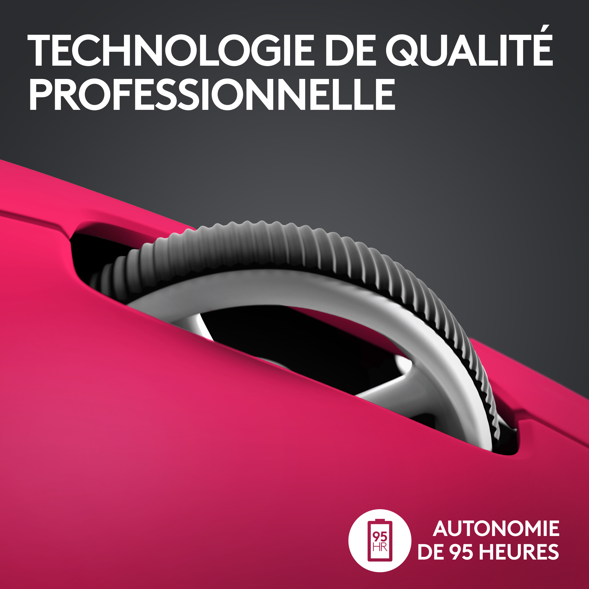 Gros plan sur une molette de souris rose. Le texte dit : Technologie de qualité professionnelle, 95 heures d'autonomie.