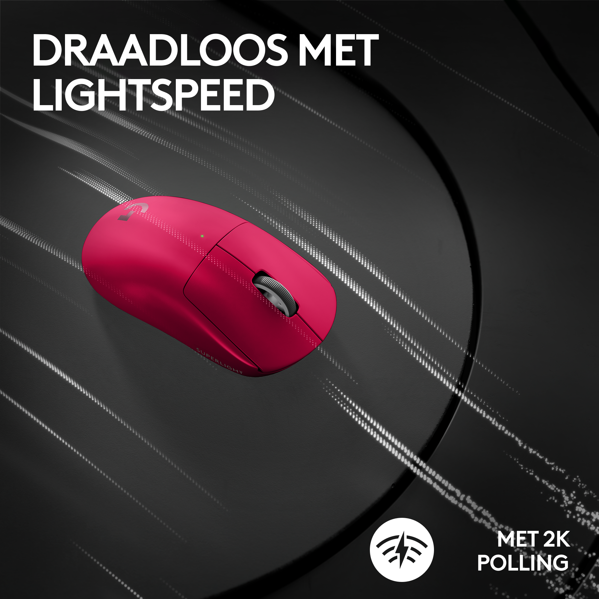Red wireless mouse on a dark surface.