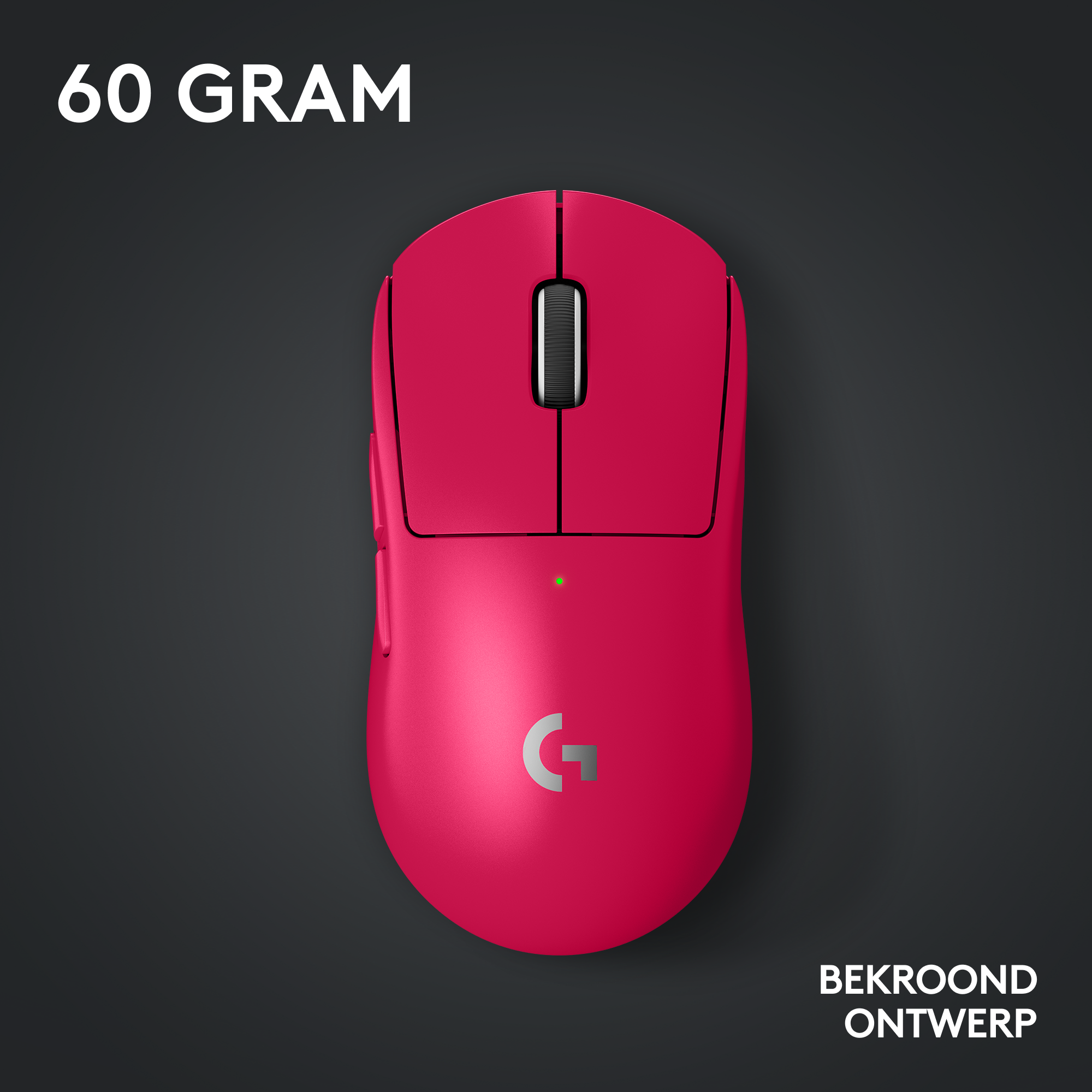 Pink computer mouse with black buttons and a scroll wheel, the text '60 GRAM' is at the top.