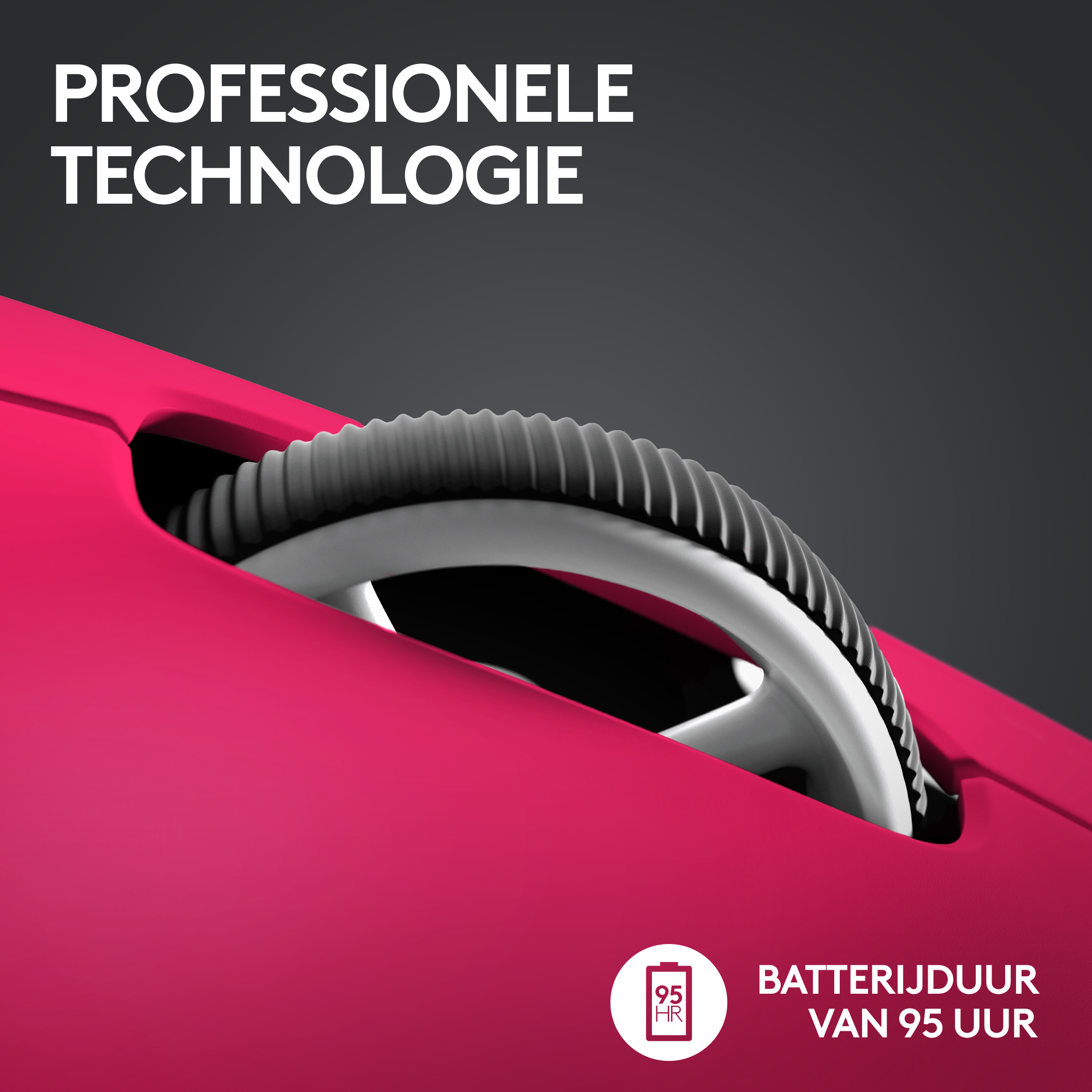 Close-up of pink mouse. Black scroll wheel. Text: 'PROFESSIONELE TECHNOLOGIE'. Circle: '95 HR'.