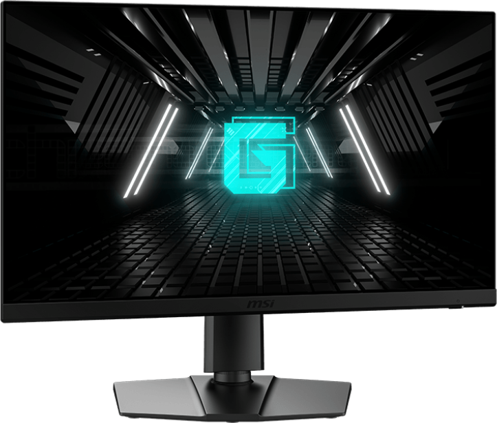 Fekete számítógép monitor stilizált, neonkék G betűt mutat. Fekete háttér.