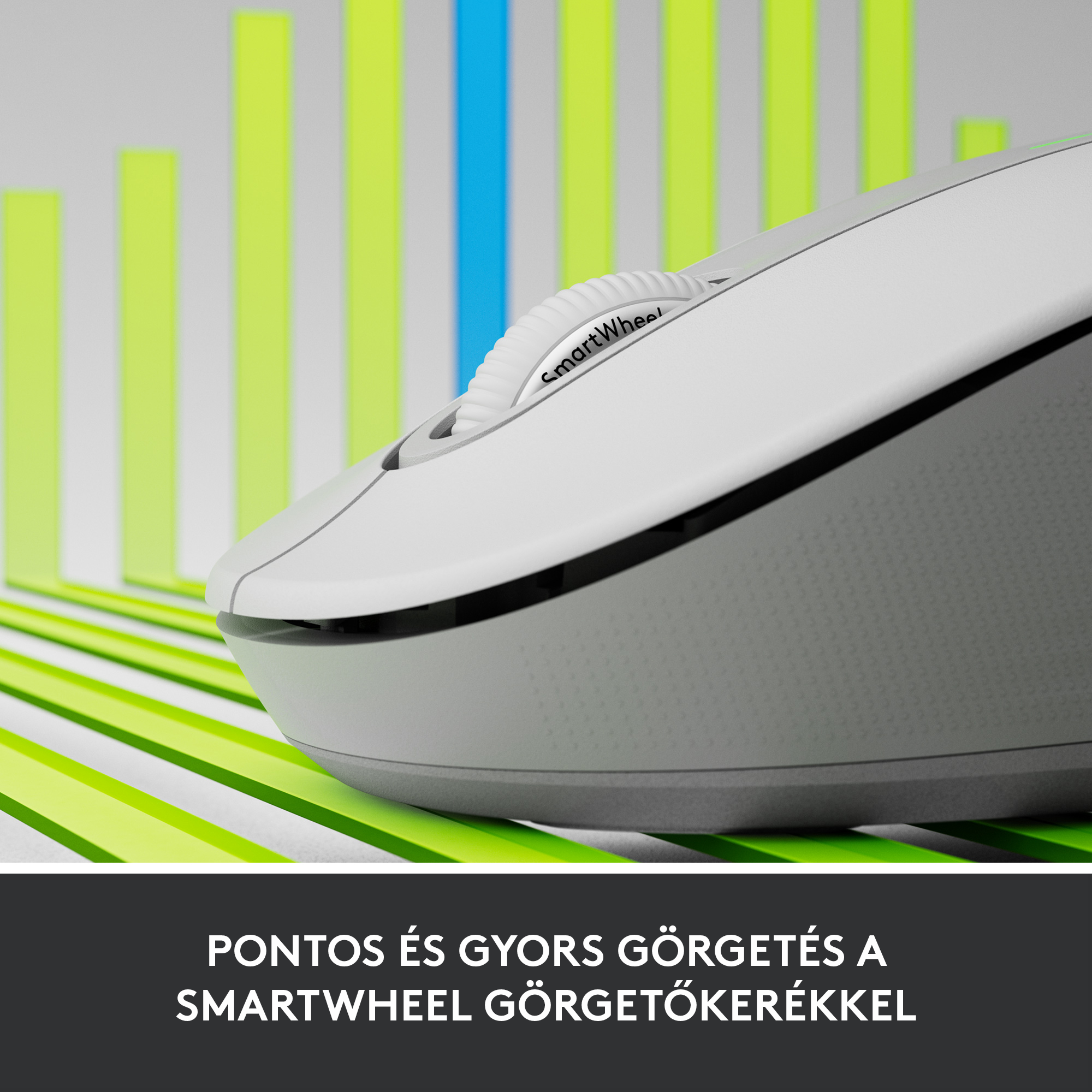 Fehér számítógépes egér görgetőkerékkel. Szöveg: 'SmartWheel'. Háttér zöld és kék sávokkal.