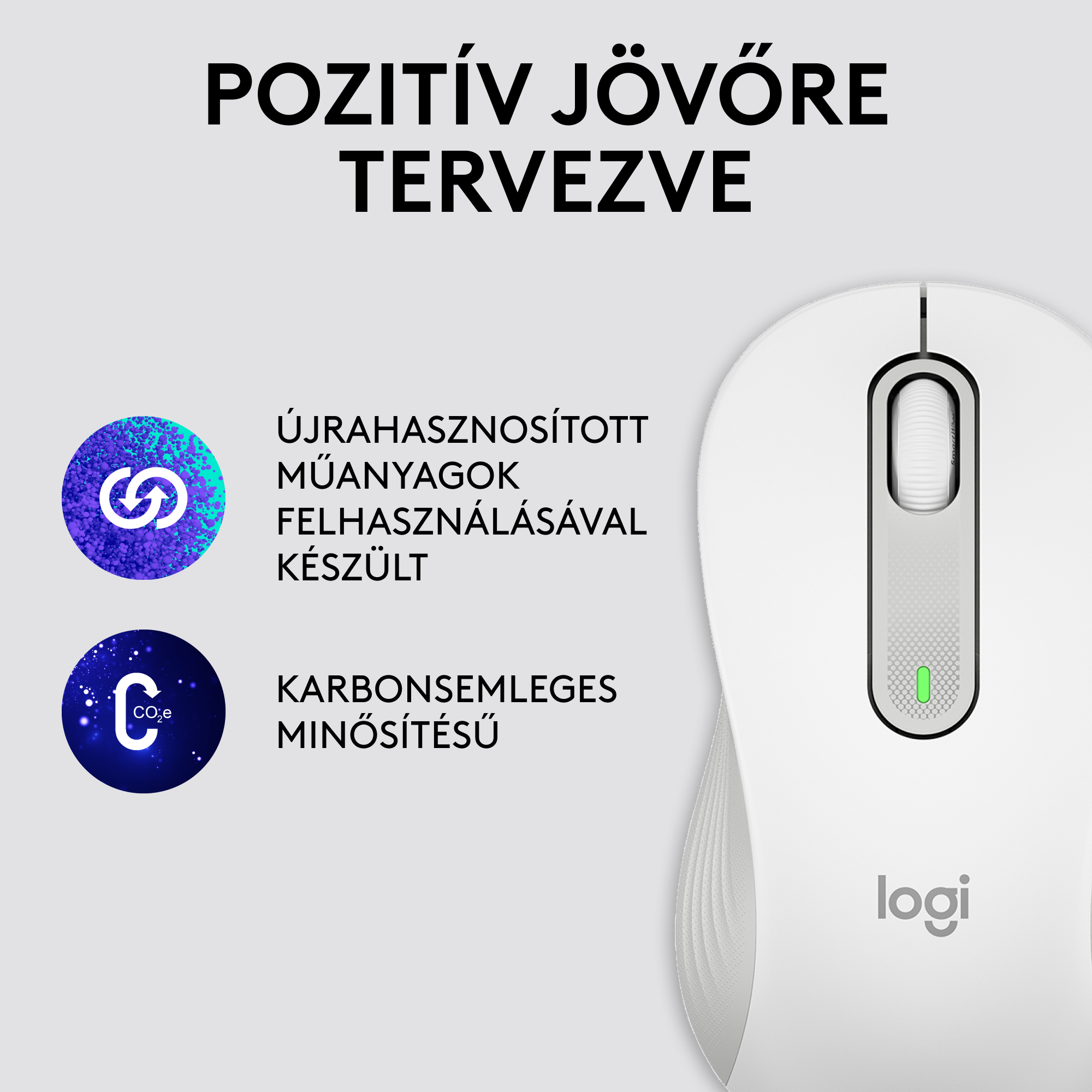 Egy fehér Logi egér. A logó és az ikonok láthatók az egéren.