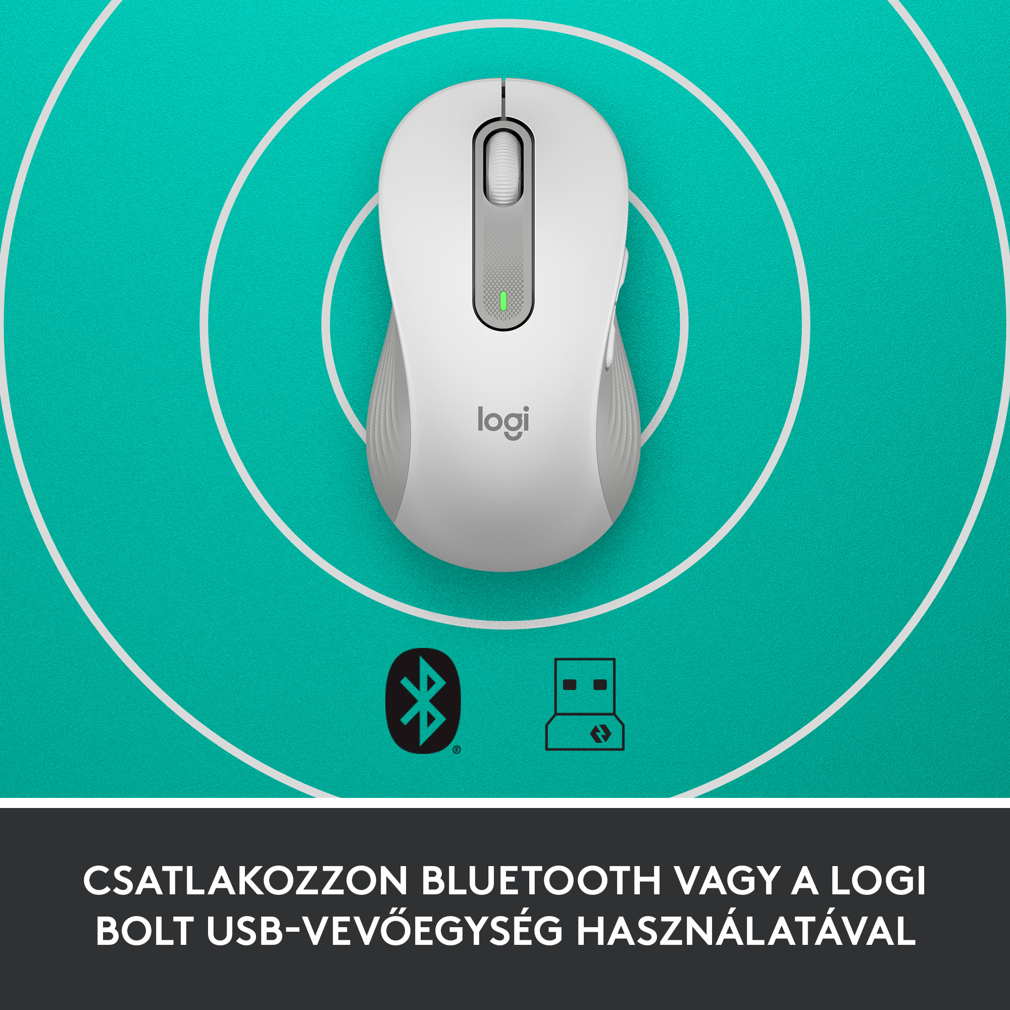 Fehér és szürke egér Bluetooth és USB szimbólumokkal. Zöld és fehér felületen helyezkedik el.