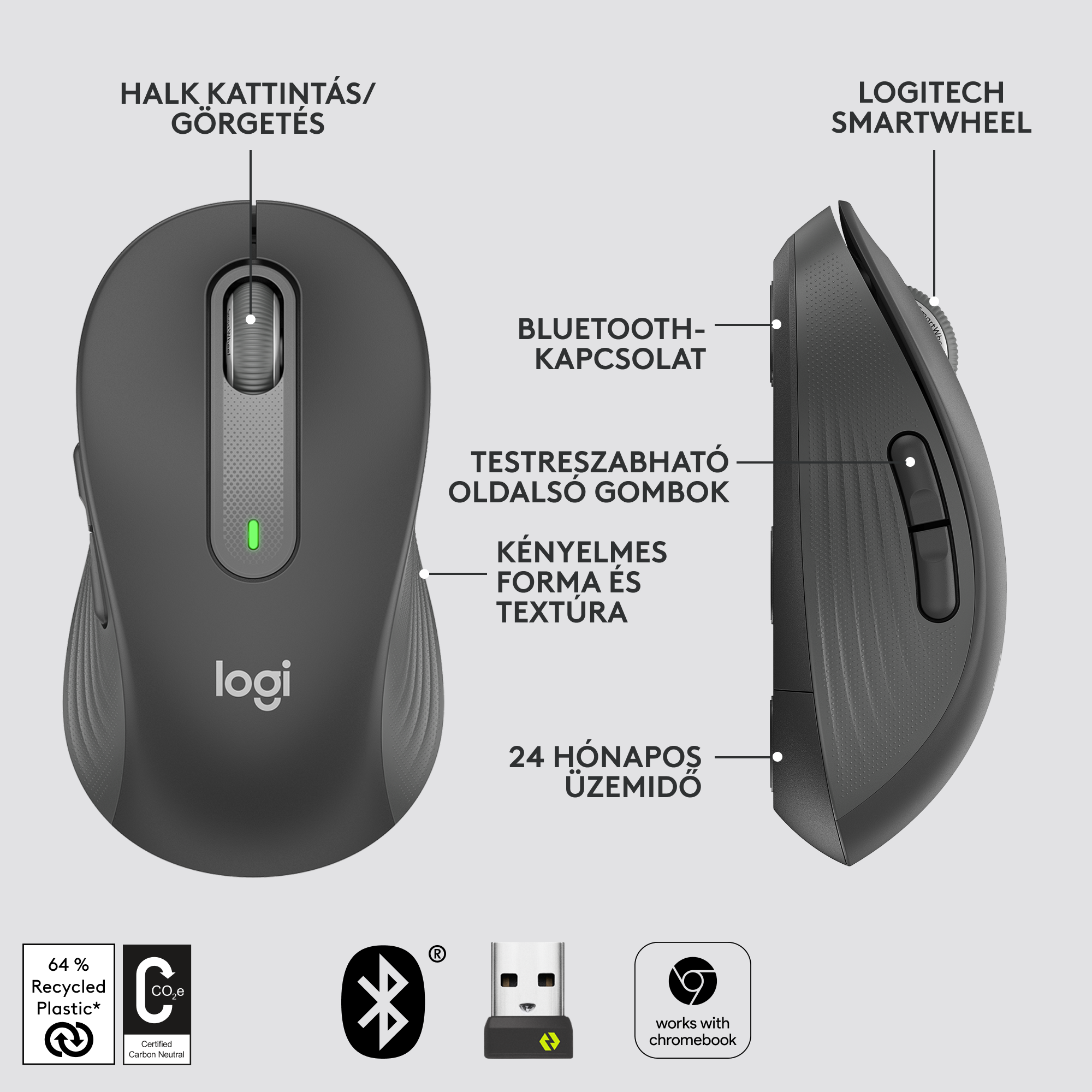 Logitech egér, feliratokkal, mint a bluetooth, oldalsó gombok, és smartwheel.