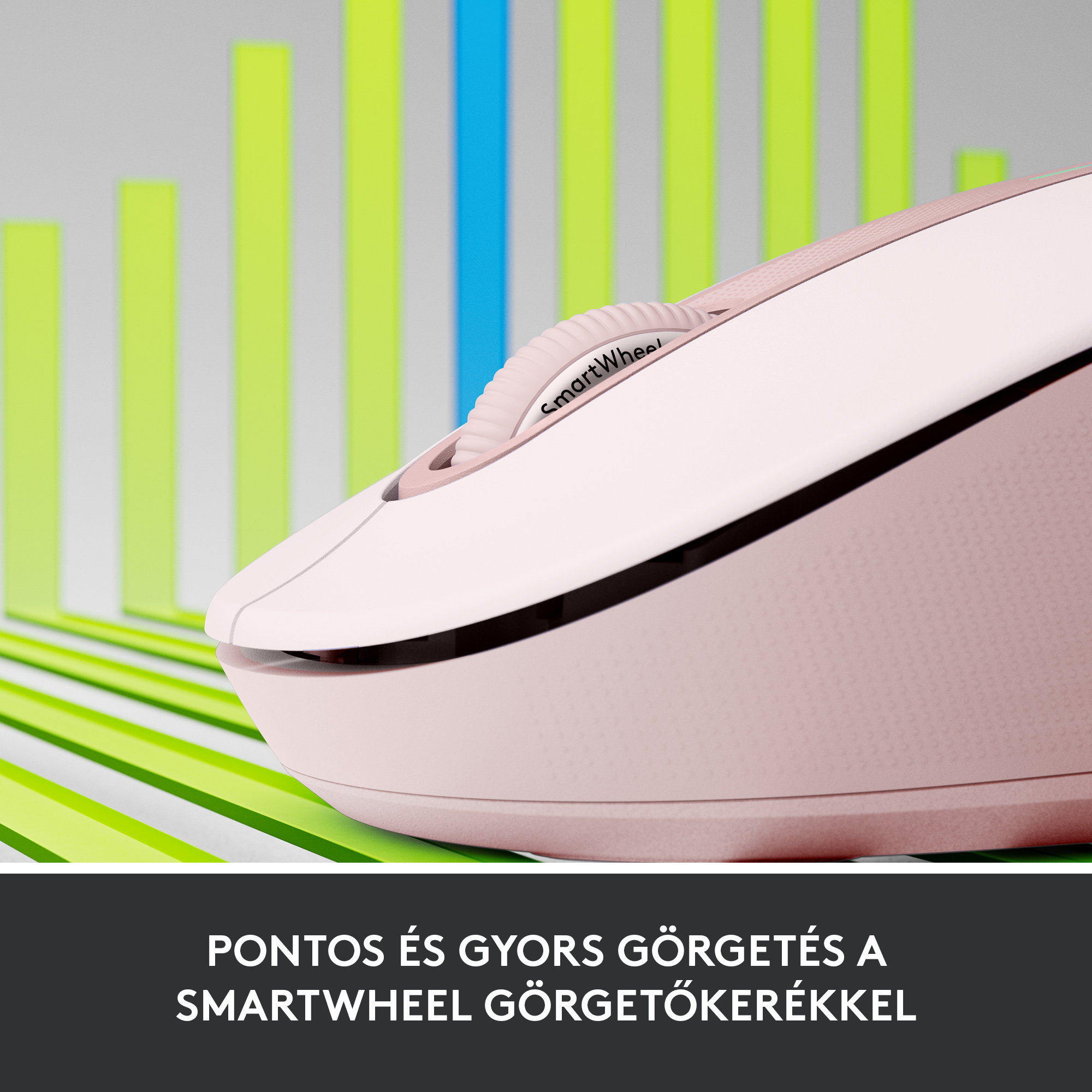 Egy rózsaszín egér egy SmartWheel görgetőkerékkel. Szöveg: 'PONTOS ÉS GYORS GÖRGETÉS'.