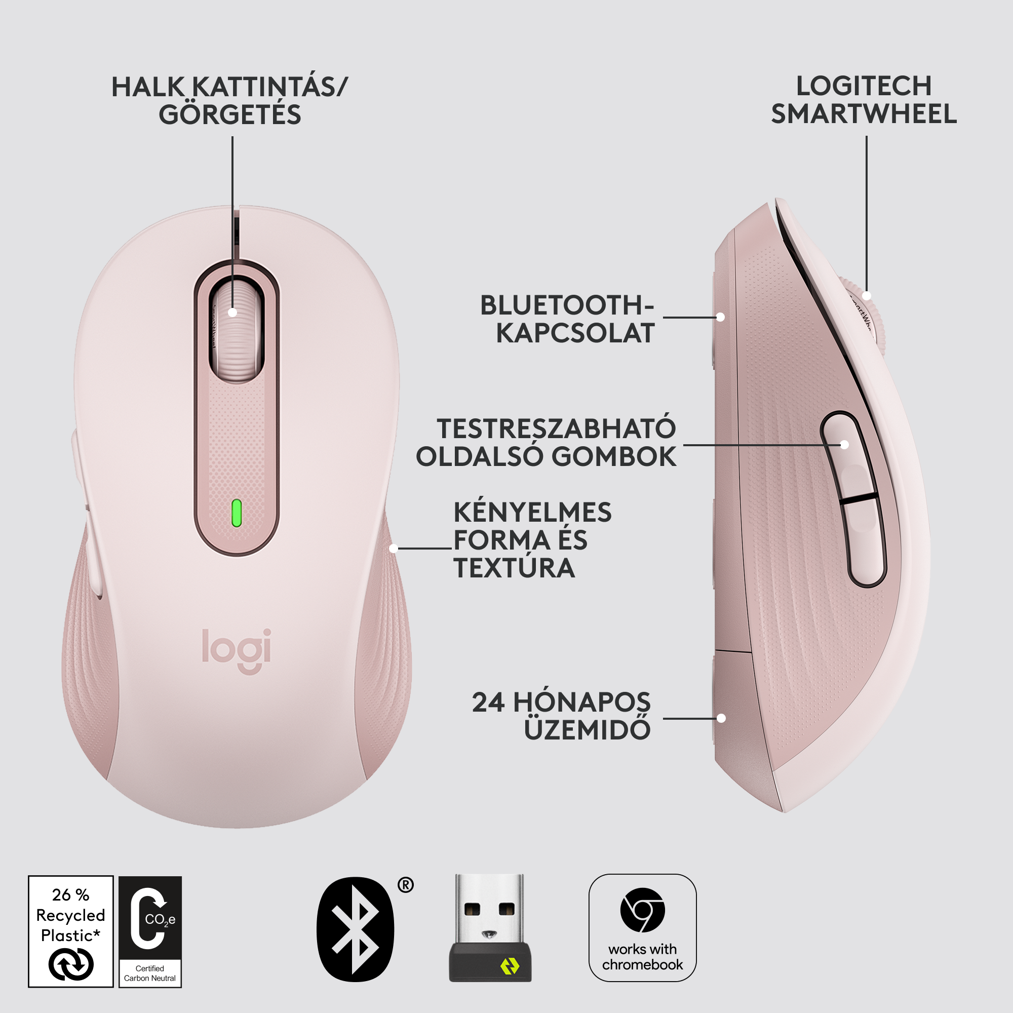 Rózsaszín és fehér egér feliratokkal. Szöveg az egéren: 'logi'. Ikonok: Bluetooth, USB és újrahasznosítás.