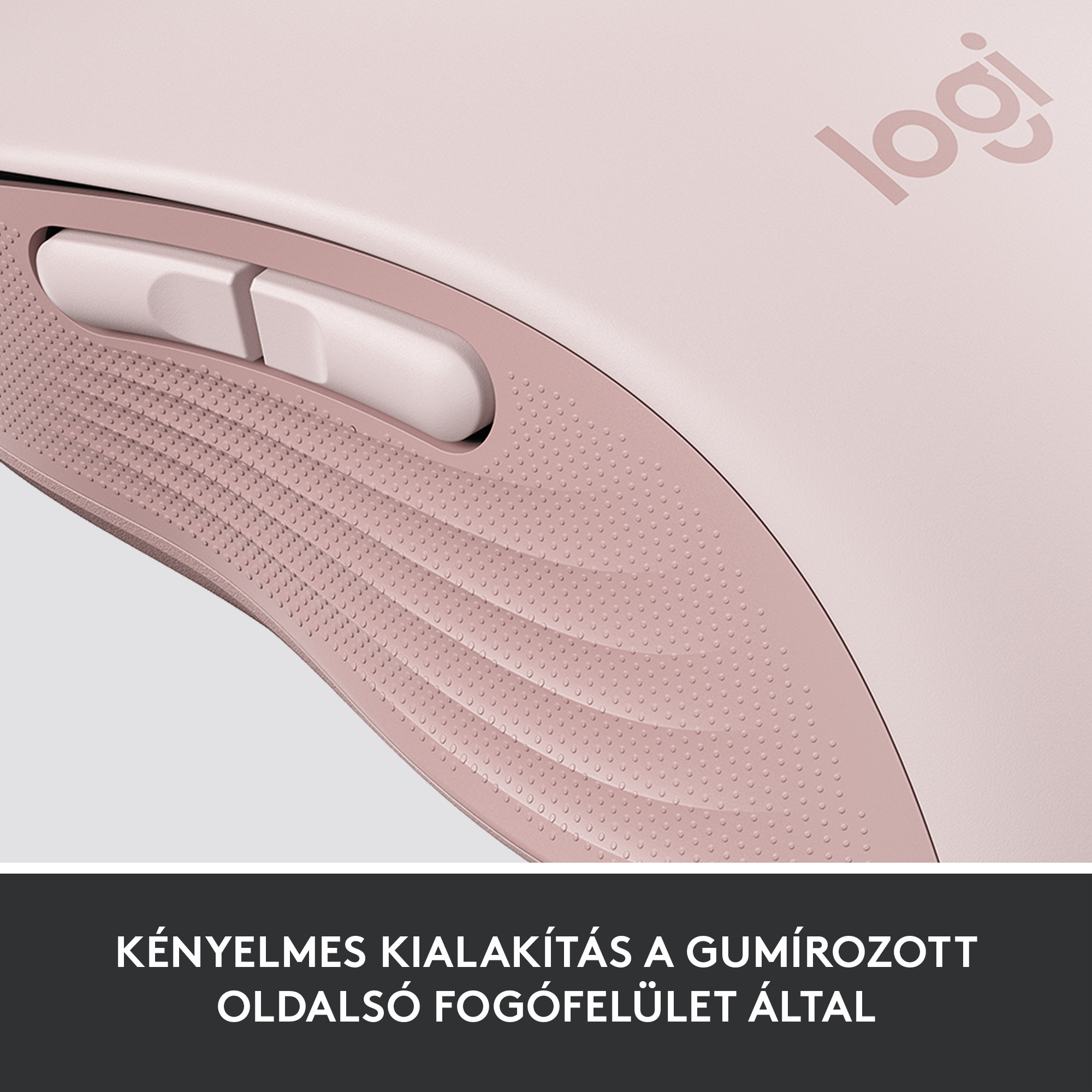 Egy rózsaszín Logitech egér kényelmes kialakítással és a Logitech logóval jobb felül.