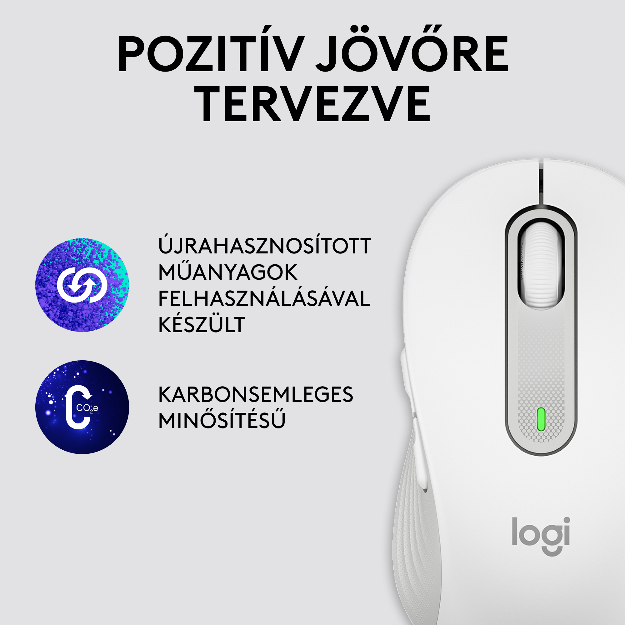 Fehér egér logóval és fenntarthatósági ikonokkal. Fehér háttér.