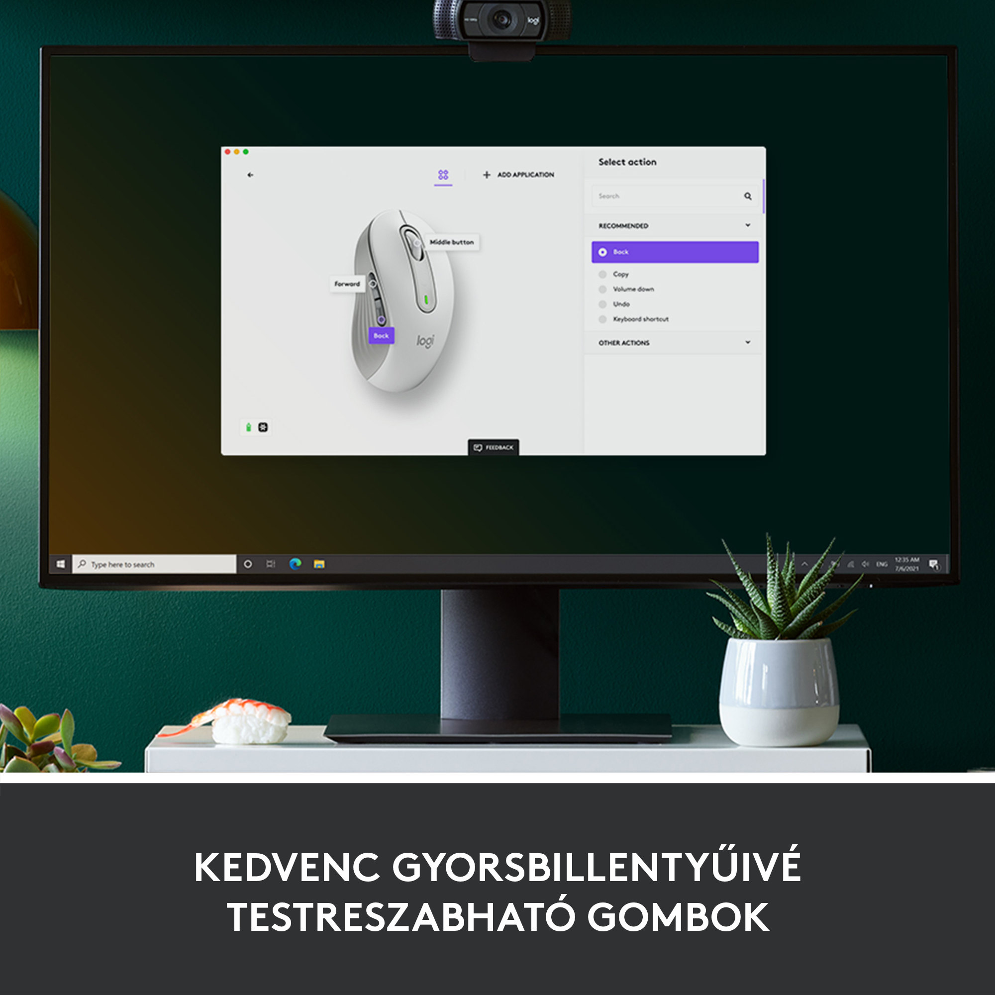 Számítógép monitor webkamerával. A képernyő egy egérbeállítási felületet mutat.
