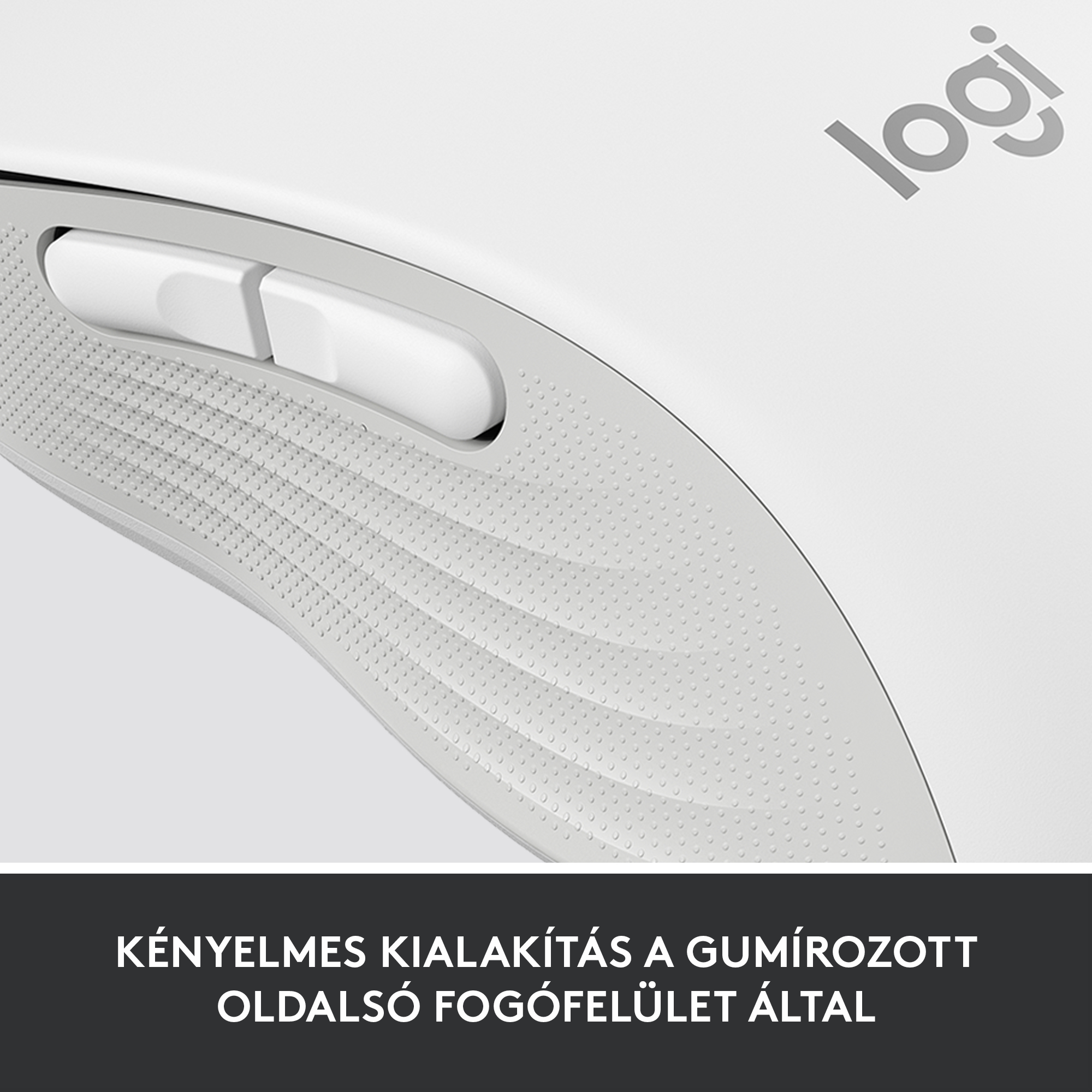 Fehér Logitech egér texturált oldallal és két gombbal. A márkalogó látható.