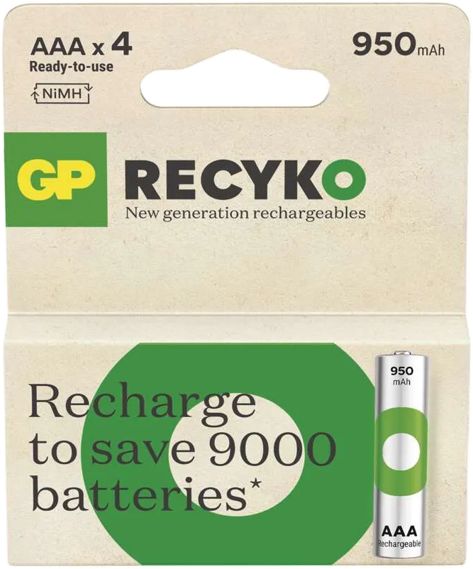 GP RECYKO AAA elemek csomagja részletekkel és zöld körrel.