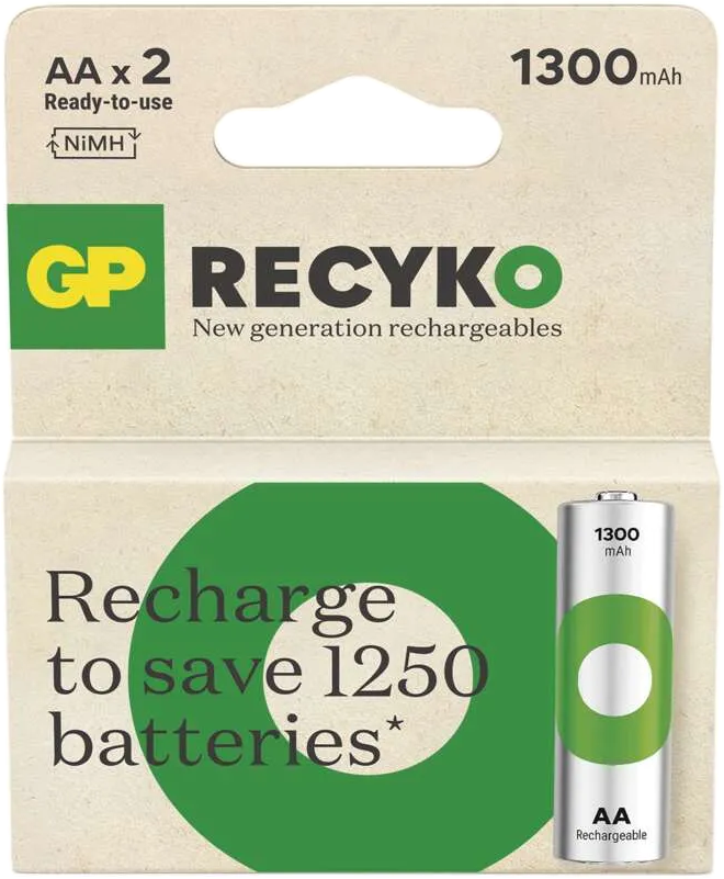 AA újratölthető elemek csomagja. A szöveg a következőket írja: Töltsd újra, hogy 1250 elemet spórolj meg.