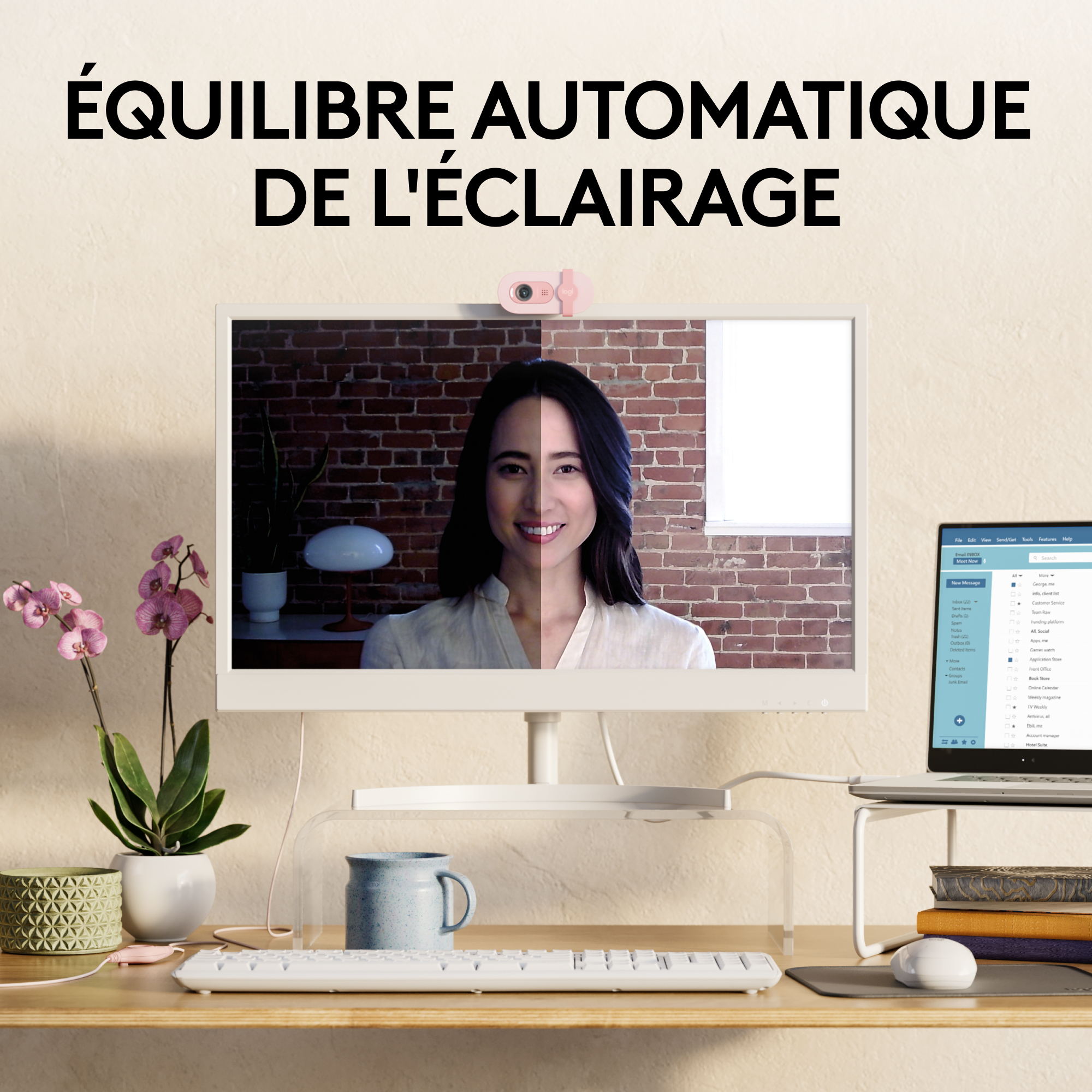 Une femme sur un écran divisé avec une webcam, un ordinateur portable et un clavier.