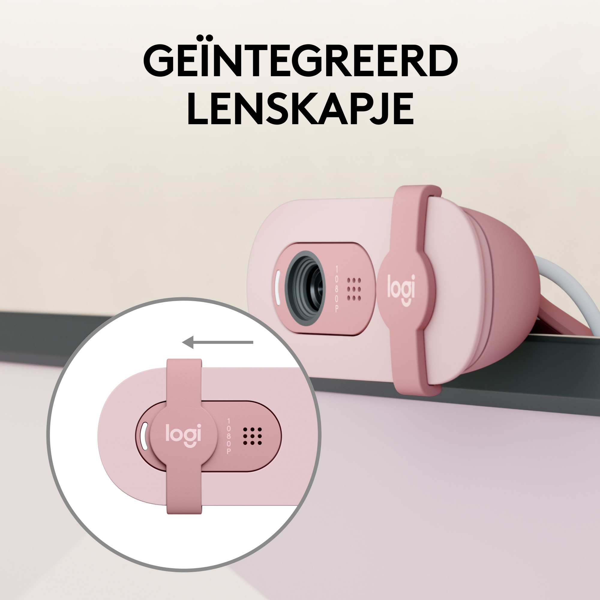 A pink webcam with a pink surrounding structure, shown close up.