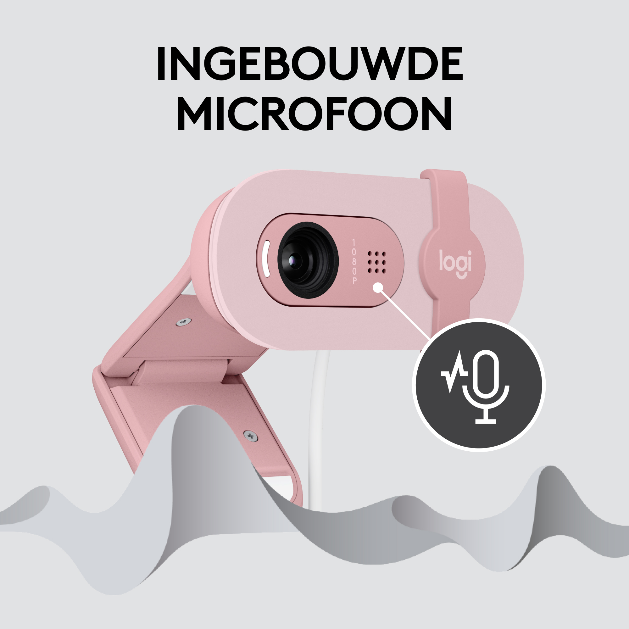 A pink Logitech webcam with a built-in microphone, with a diagram of a microphone icon.