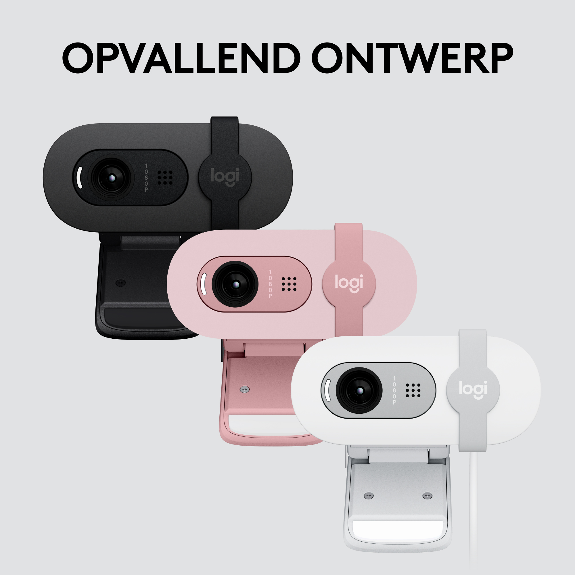Three webcams in different colors (black, pink, white) with the 'logi' logo.