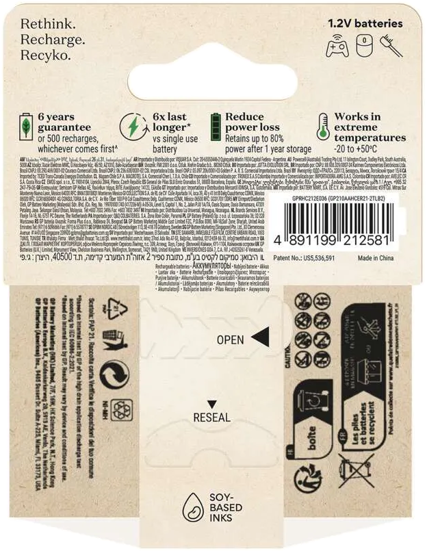 Újratölthető akkumulátorcsomag hátulja. Szöveget és képeket tartalmaz az akkumulátor jellemzőiről, mint pl. 6x hosszabb és újrahasznosítható.