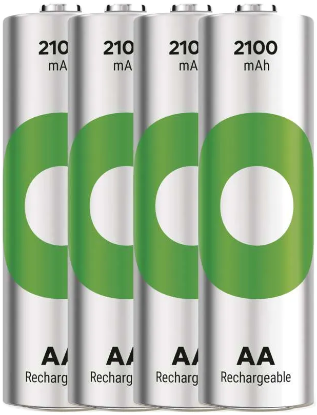 Négy AA-s újratölthető elem, ezüst, zöld körökkel és 2100 mAh-val.