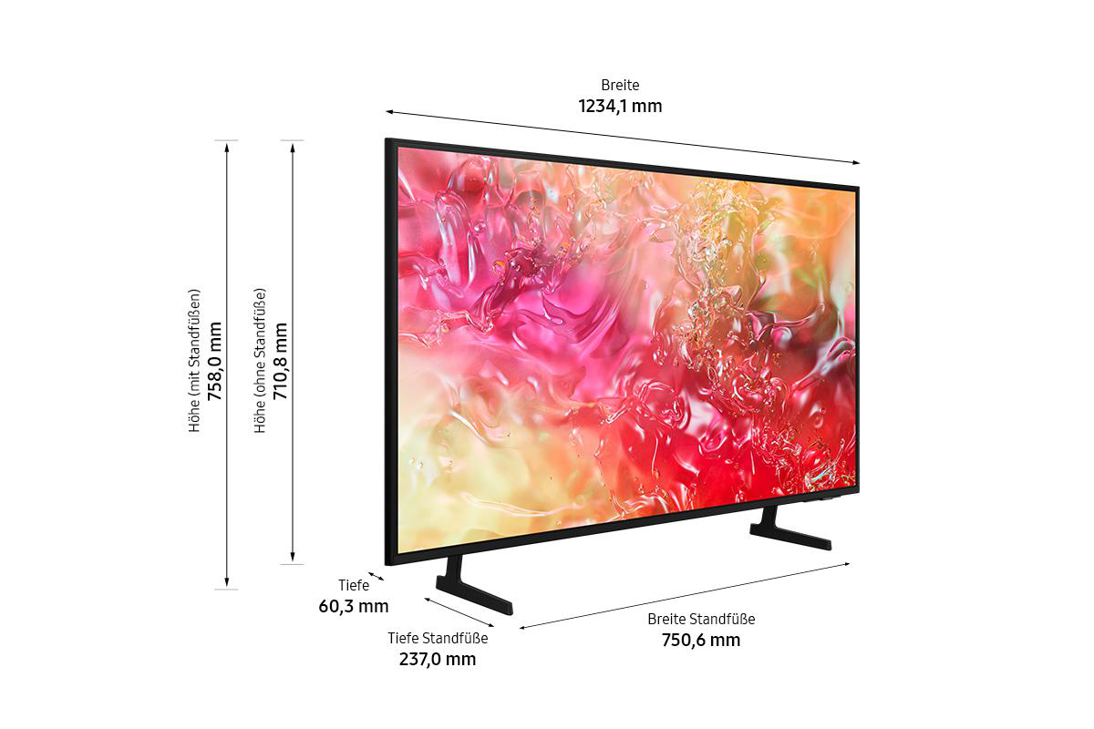 Ein schwarzer Fernseher mit farbenfrohem Bildschirm und schwarzem Ständer auf weißem Hintergrund. Abmessungen ebenfalls angezeigt.