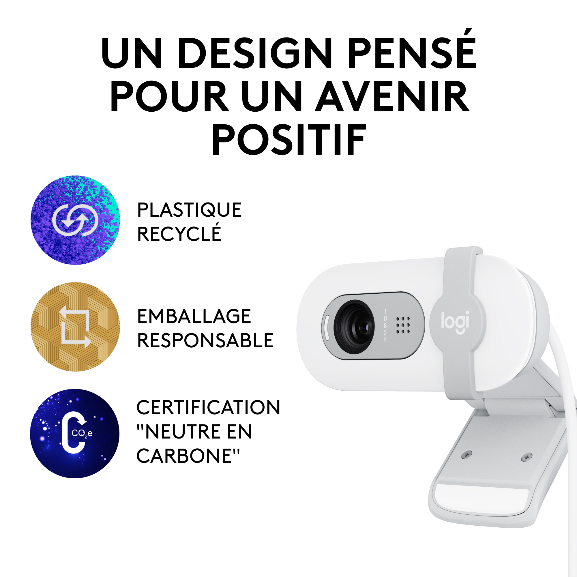 Webcam blanche avec support gris. Icônes recyclage, emballage responsable et neutralité carbone.