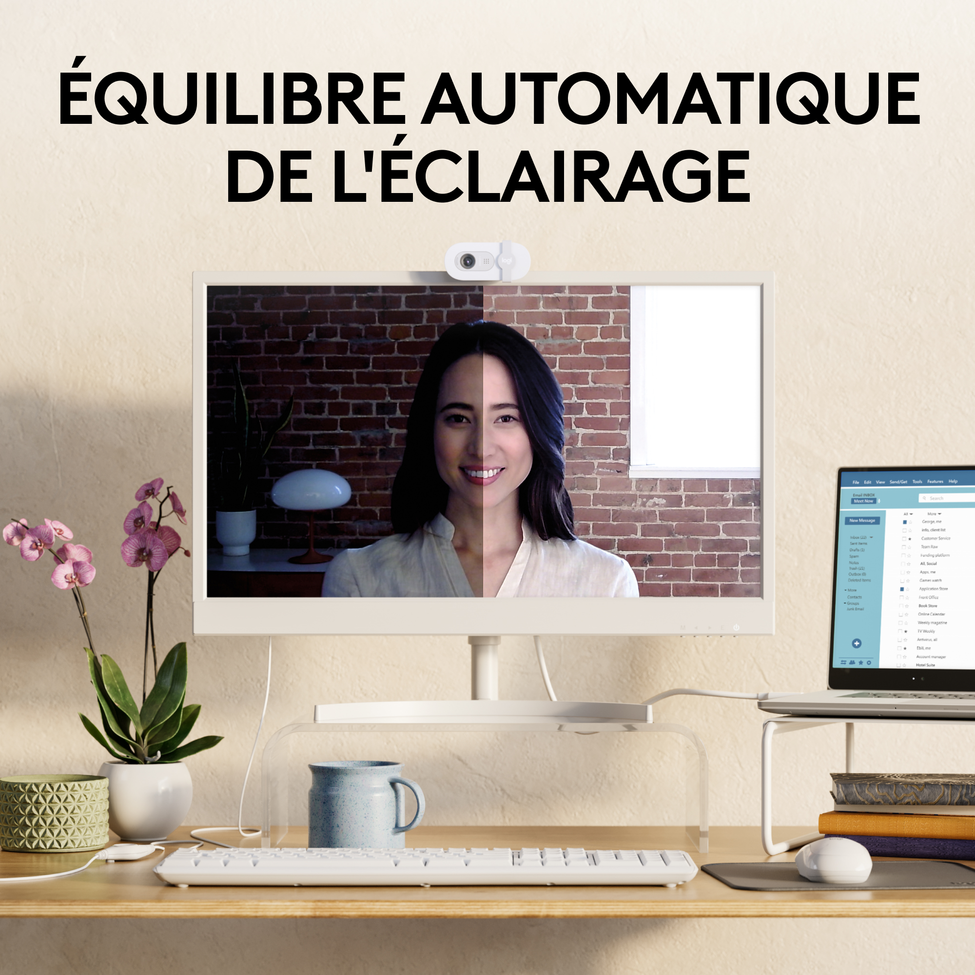 Femme utilisant un moniteur à éclairage équilibré, webcam, clavier et tasse.