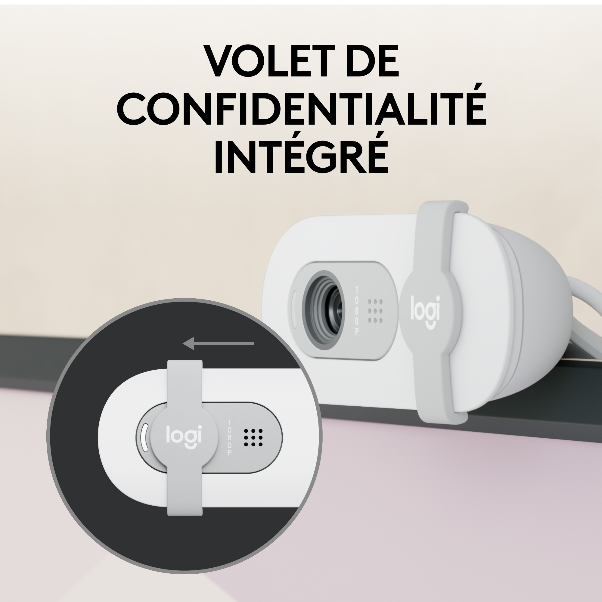 Une webcam blanche avec un cache fermé. Le texte dit 'Volet de confidentialité intégré'.