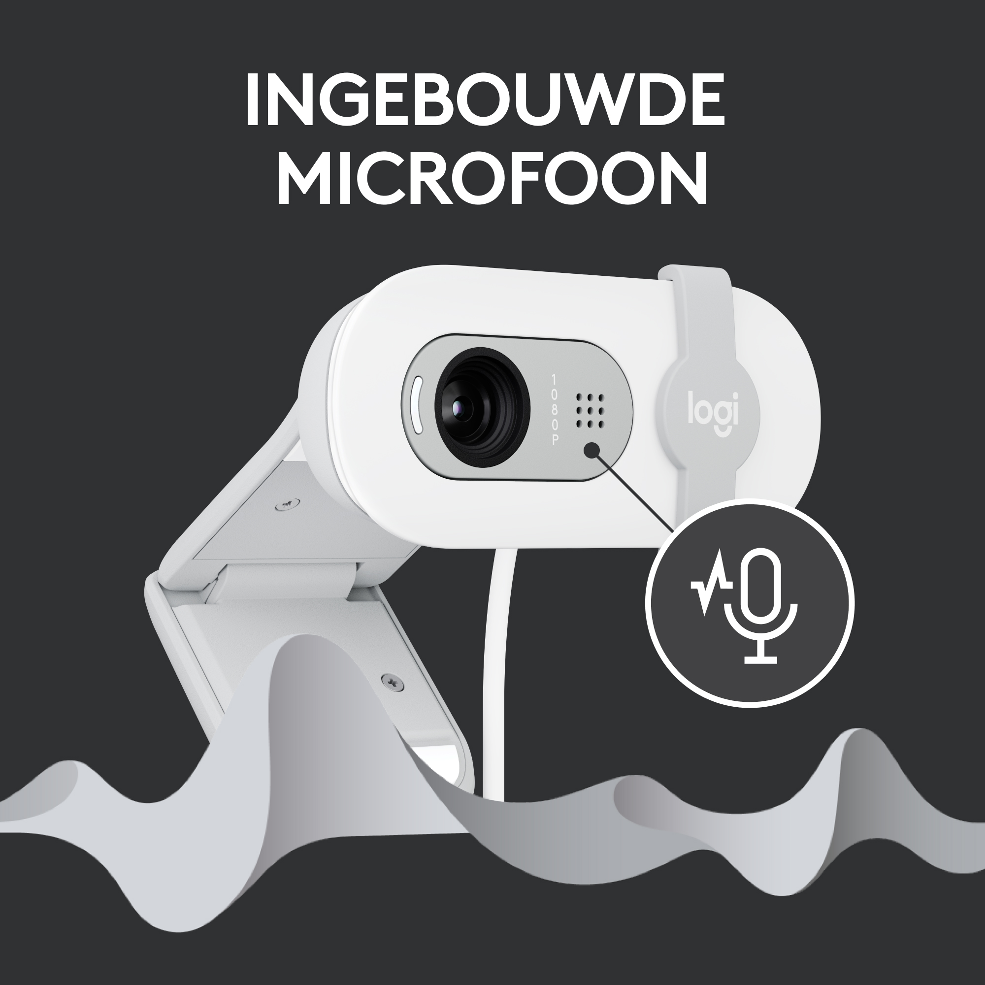 Webcam met een microfoon. Tekst luidt: Ingebouwde microfoon.