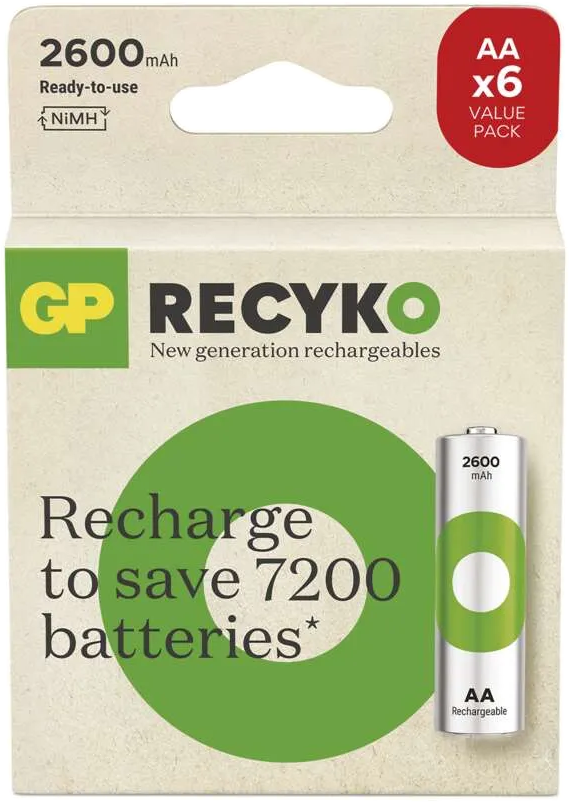Újratölthető AA elemek csomagja 'RECYKO' márkával és grafikus kijelzővel.