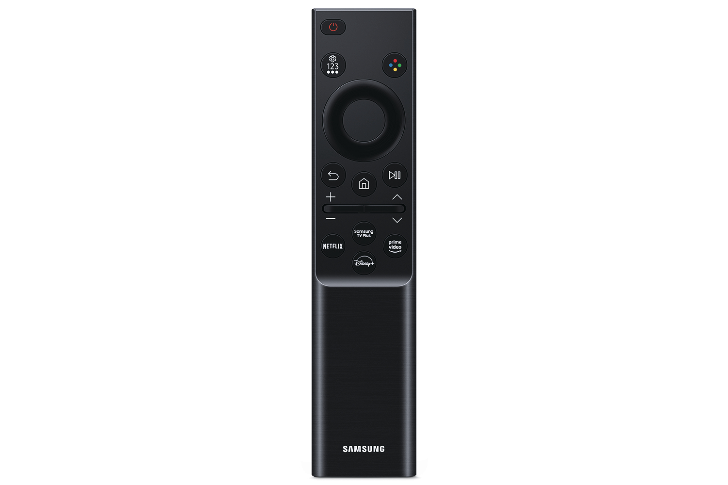 Schwarze TV-Fernbedienung mit Tasten und Symbolen.