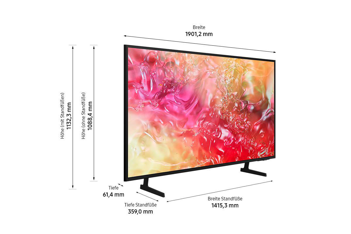 Ein schwarzer Fernseher mit Maßen und Ständerdetails vor weißem Hintergrund.