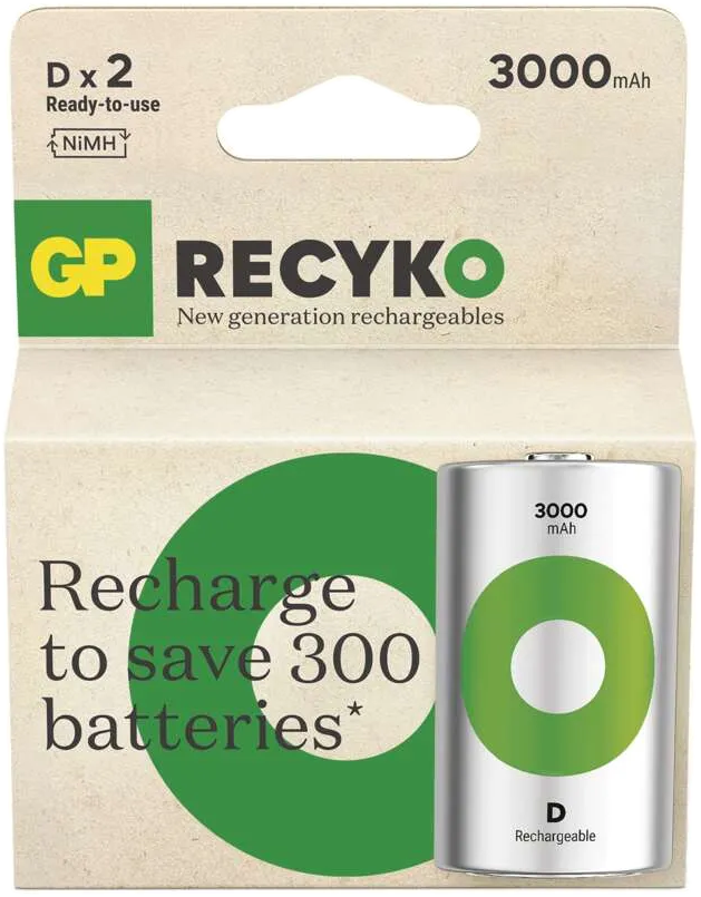 GP Recyko D x2 újratölthető elemek csomagolásban, zöld-fehér design.