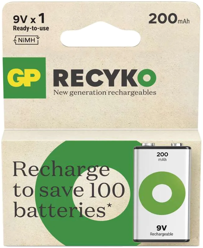 GP Recyko újratölthető akkumulátorcsomag. Zöld-fehér csomagolás, akkumulátor képpel, 9V és 200mAh.