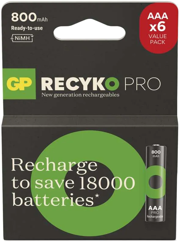 Hat darab újratölthető AAA elem csomagja. A szövegben 'RECYKO PRO' és '800mAh' szerepel.